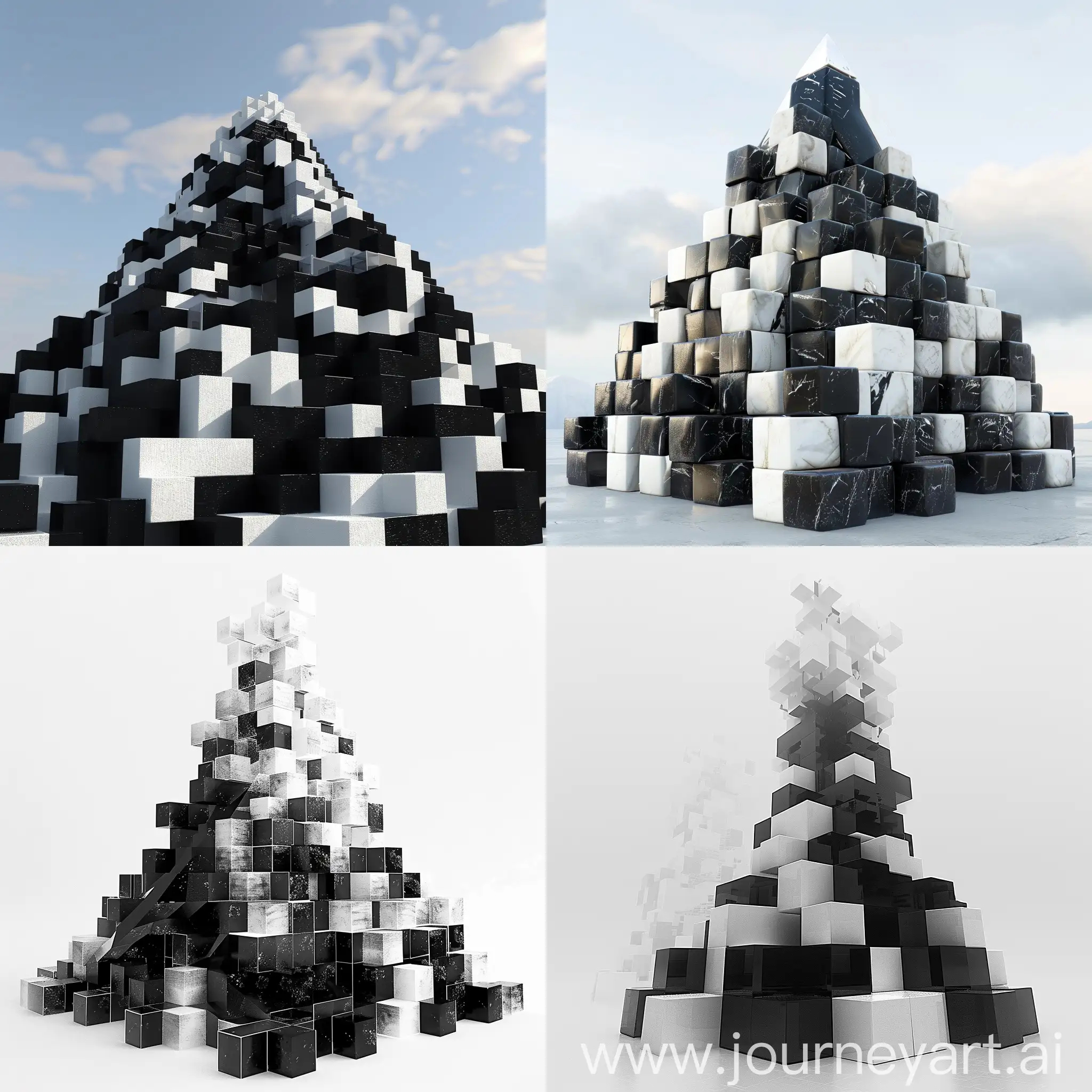 Generame una montaña hecha de cubos en blanco y negro, apiladas
