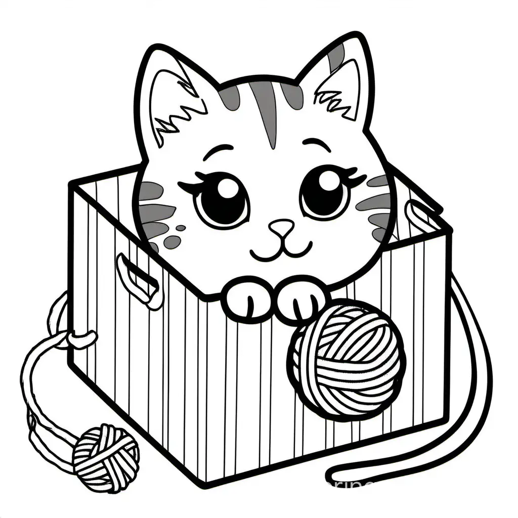 cute cat in a stripy box playing with a ball of yarn, Coloring Page, black and white, line art, white background, Simplicity, Ample White Space. The background of the coloring page is plain white to make it easy for young children to color within the lines. The outlines of all the subjects are easy to distinguish, making it simple for kids to color without too much difficulty