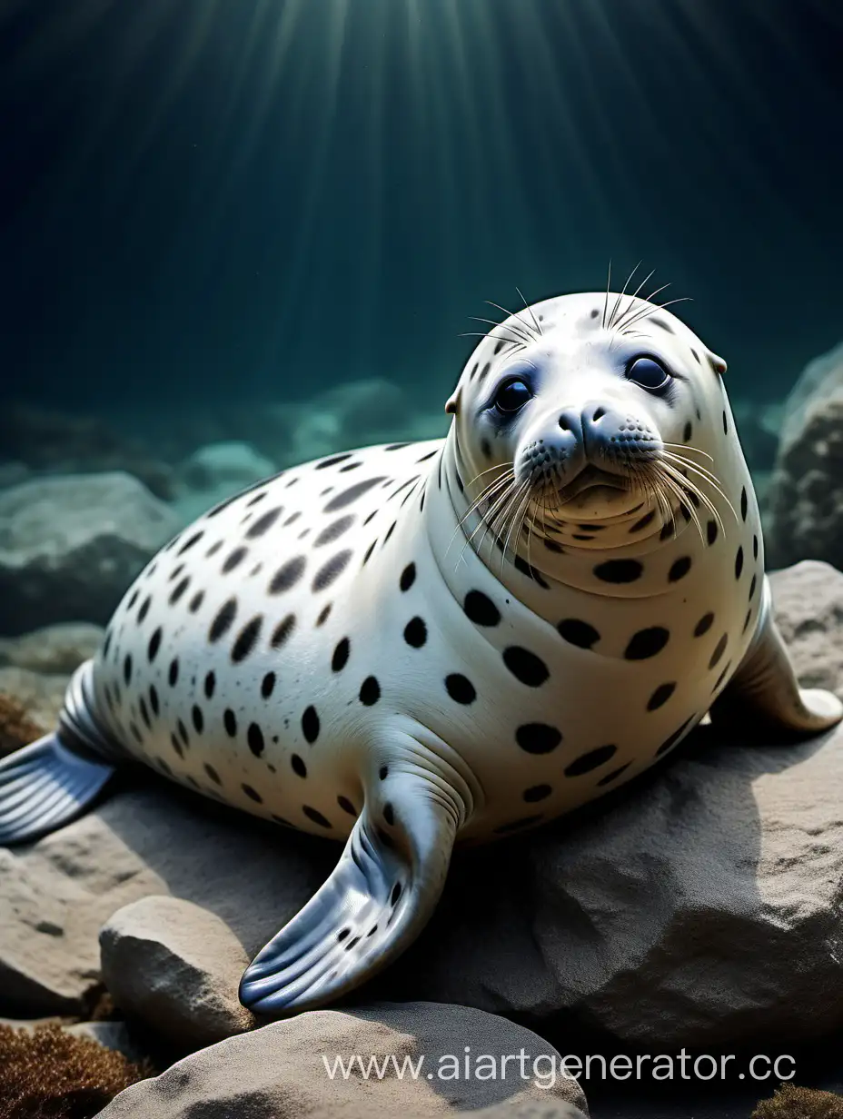 Adorable-Light-Gray-Seal-Resting-on-a-Rock-with-Cute-Eyes-and-Spots