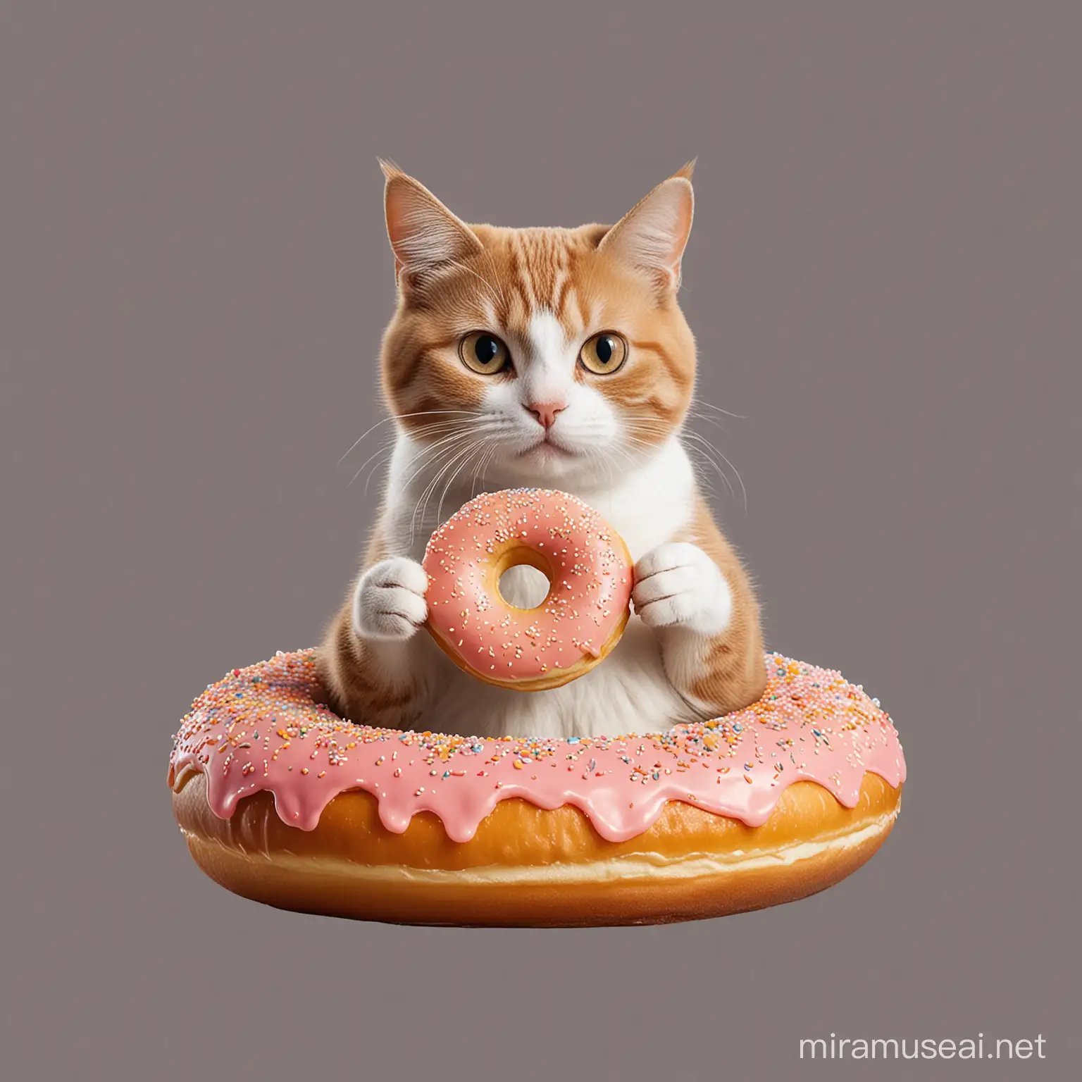 A cat sitting on a donut holding a cup of coffee with a transparent background 
