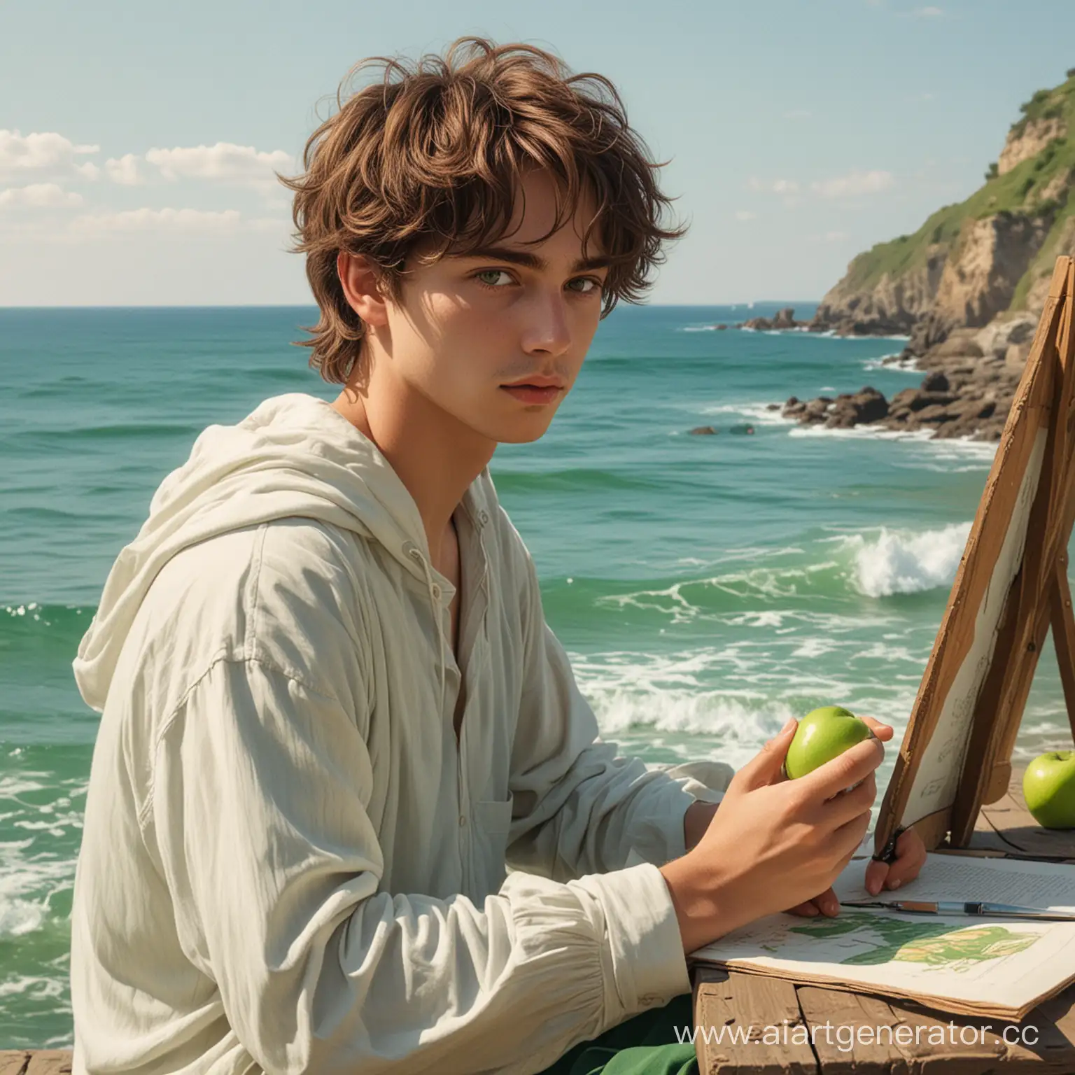 Young-Artist-Drawing-Seascape-with-Green-Apple