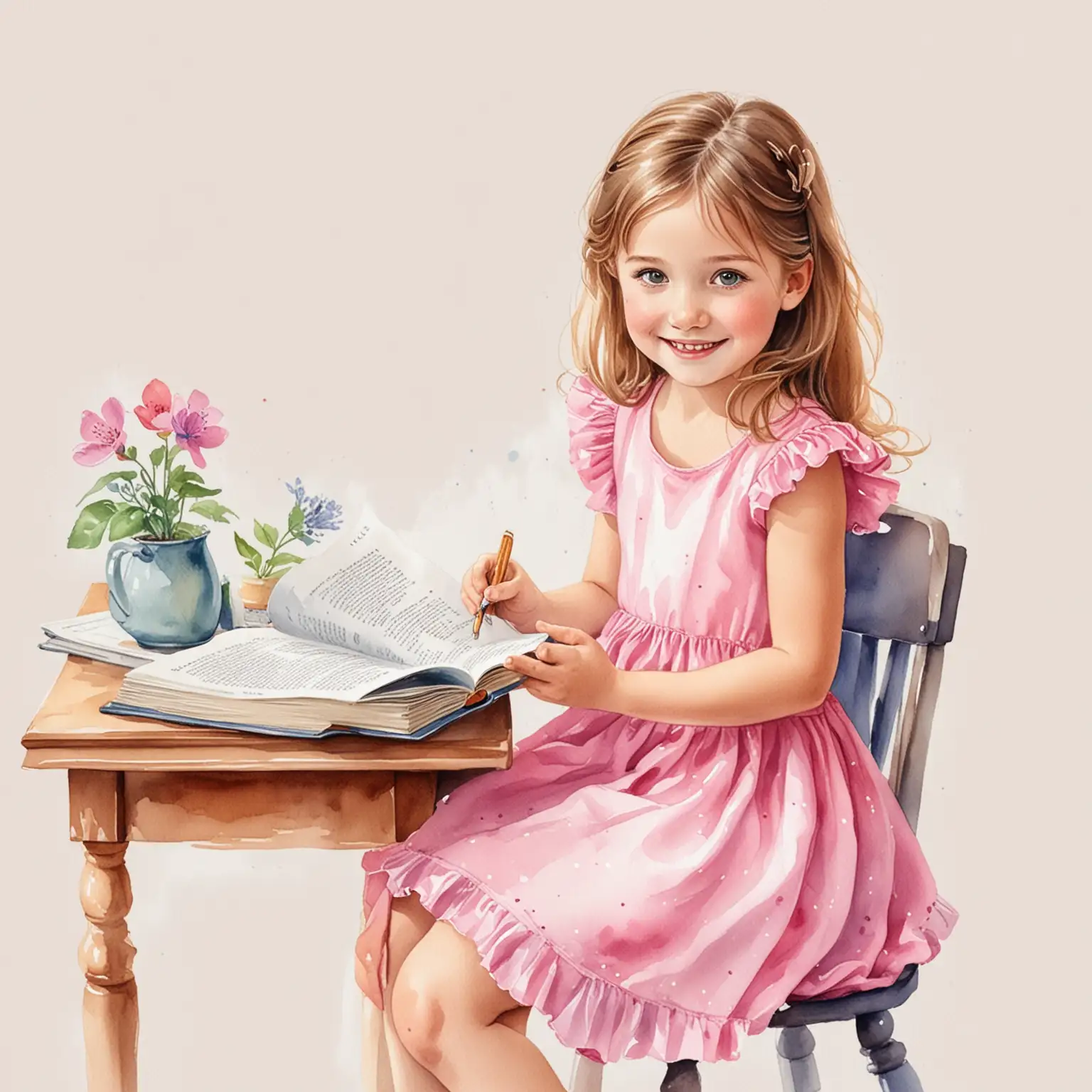 ilustrace veselý dívka 5 let,čte si knihu, v lavici, škola, kouzelná postava, růžové šaty,  bílé pozadí, akvarel ilustrace