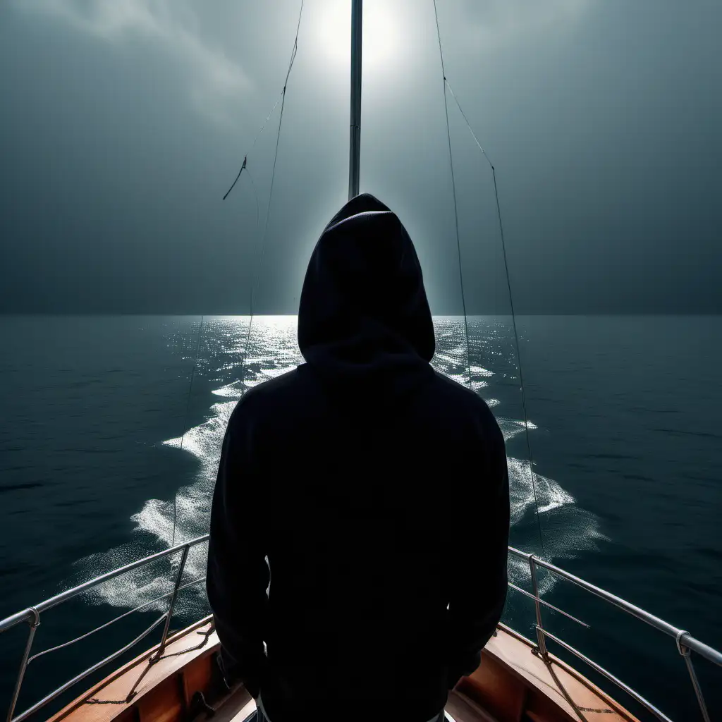 Young Man Sailing into Light on a Small Sailboat