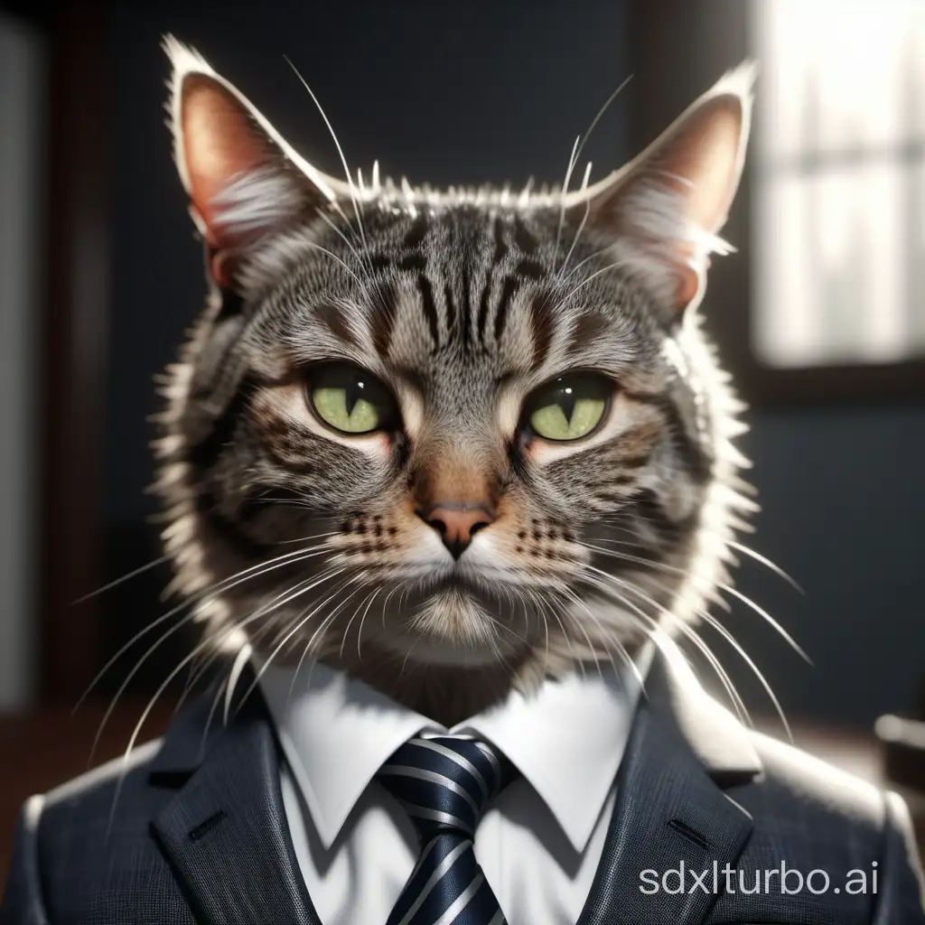 A close shot of a cat wearing a suit and tie, photorealistic, highly detailed, realistic, intriciate, ultra-realistic, 4K