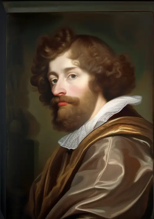 brunette,  with beard and no hat, in the style of anthony van dyck
