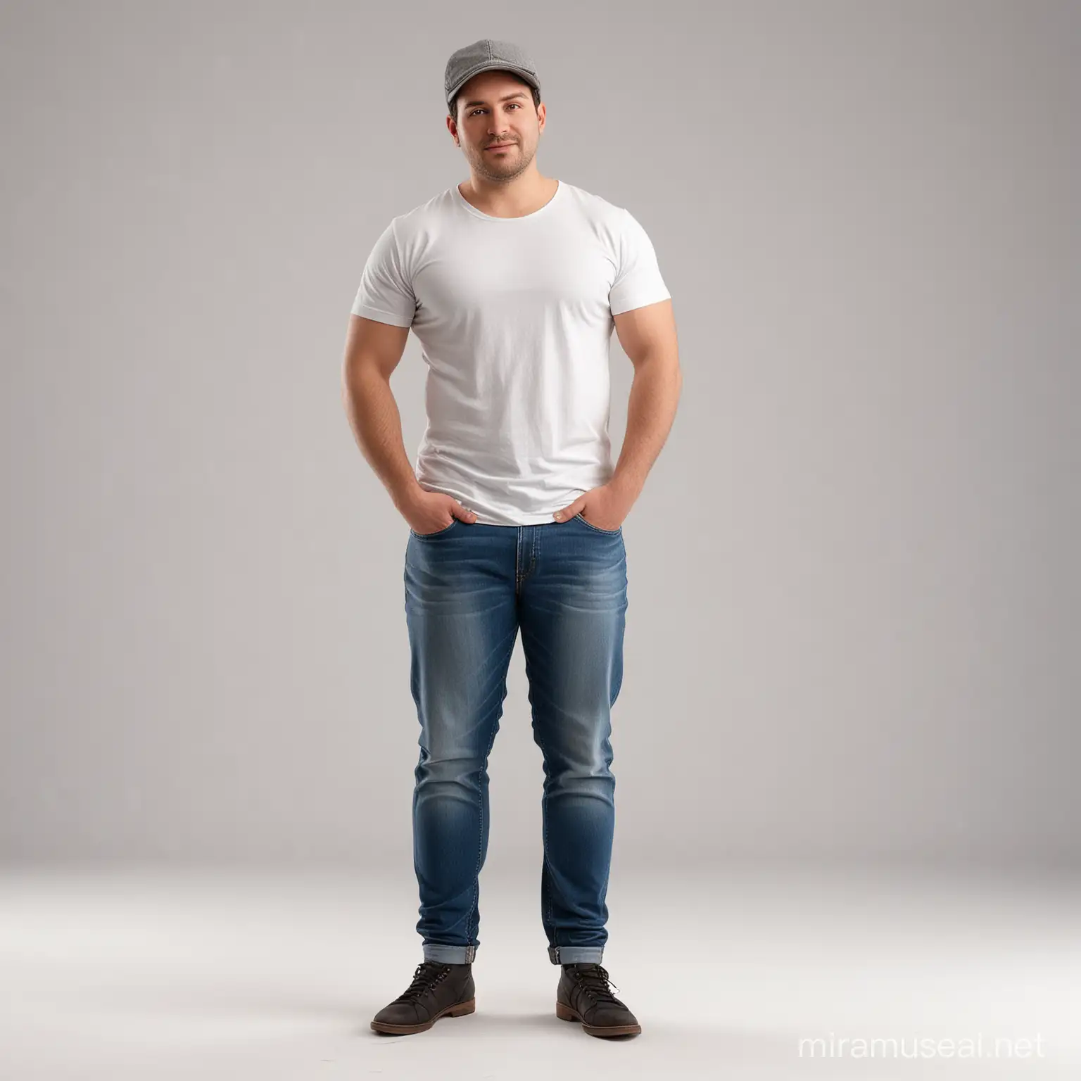 A standing photorealistic man 30 years old,chubby face,wear hat,short hair and black hair,in jeans and a smooth white T-shirt without pockets and strapless, a front view  in a photographic studio isolated on a white background.