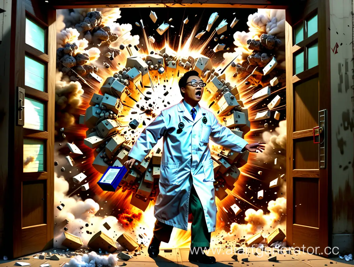 Prompt: The door is blown open, and a Chinese scientist in glasses and a white coat is thrown aside by the explosion.




