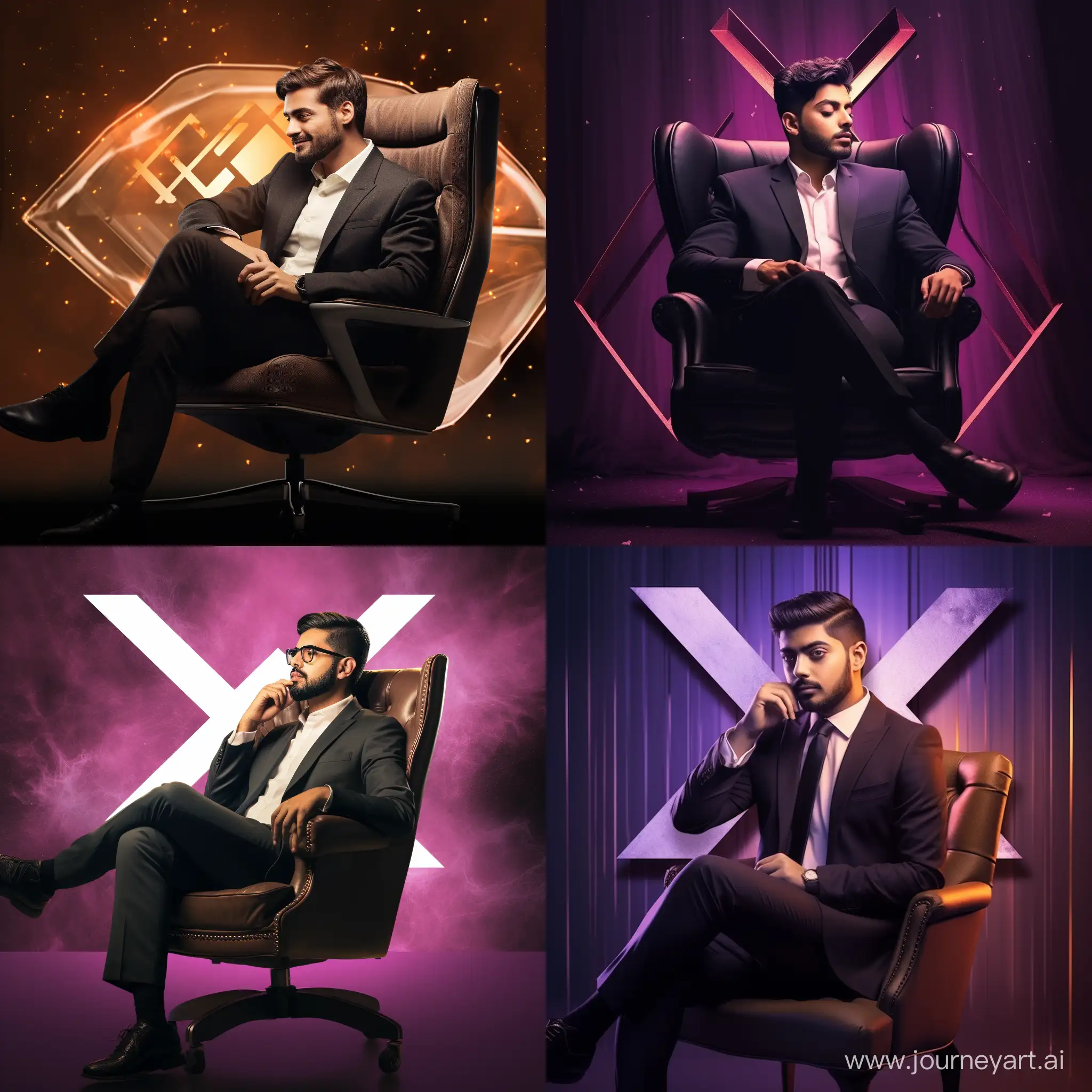 البرومبت:  1-  handsome men sitting on a logo chair of a social media logo "X". wearing  suite . The background is mockup of his X profile page with a profile name "Mohammad4ai" and a profile picture . soft light reflection