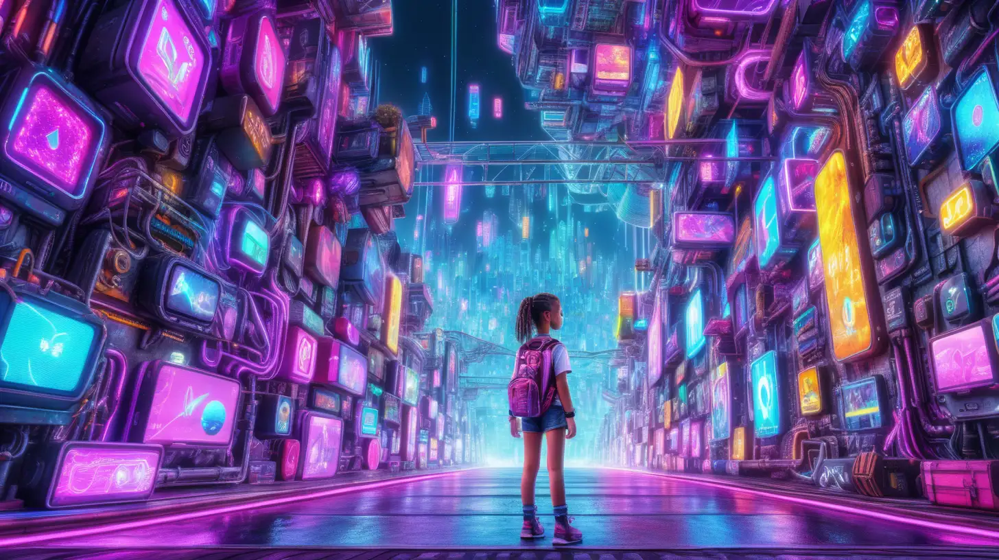 a beautiful young girl transported to a colorful world of pixels and code; a beautiful, digital wonderland , similar to cyberpunk