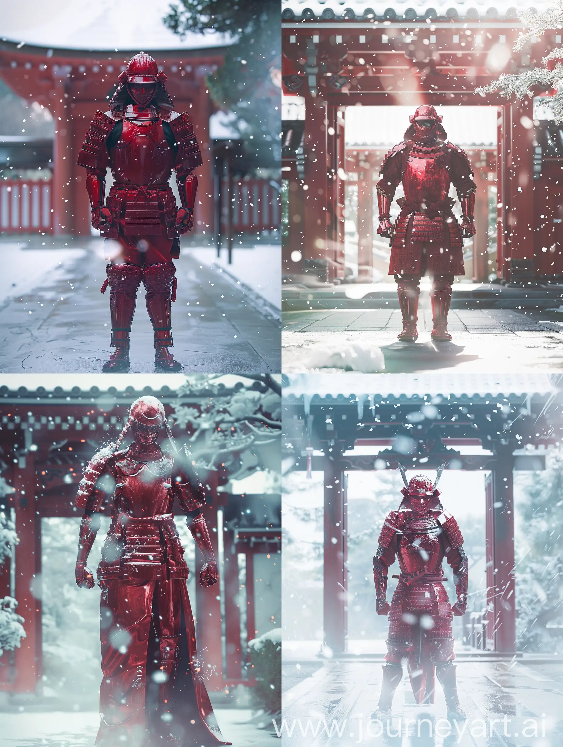 Title: "Fashion Editorial: The Supreme Samurai"
Description:
Our latest fashion editorial is set at a Japanese temple, combining tradition and contemporary style. Our main figure is the Supreme Samurai.
Our samurai, in a red armor, stands in the peaceful temple grounds. The armor is detailed and shiny, catching light.
The scene is set with a light snow, giving a soft glow around our samurai. The image composition has been thoughtfully done to highlight modern elegance.
The image balances symmetry and harmony, merging fashion and tradition. Our samurai's stance and gaze express the strength of a stylish, modern warrior.
This editorial is not just about fashion, it's about power, grace, and timeless beauty. Welcome to the world of the Supreme Samurai, where fashion is paramount.