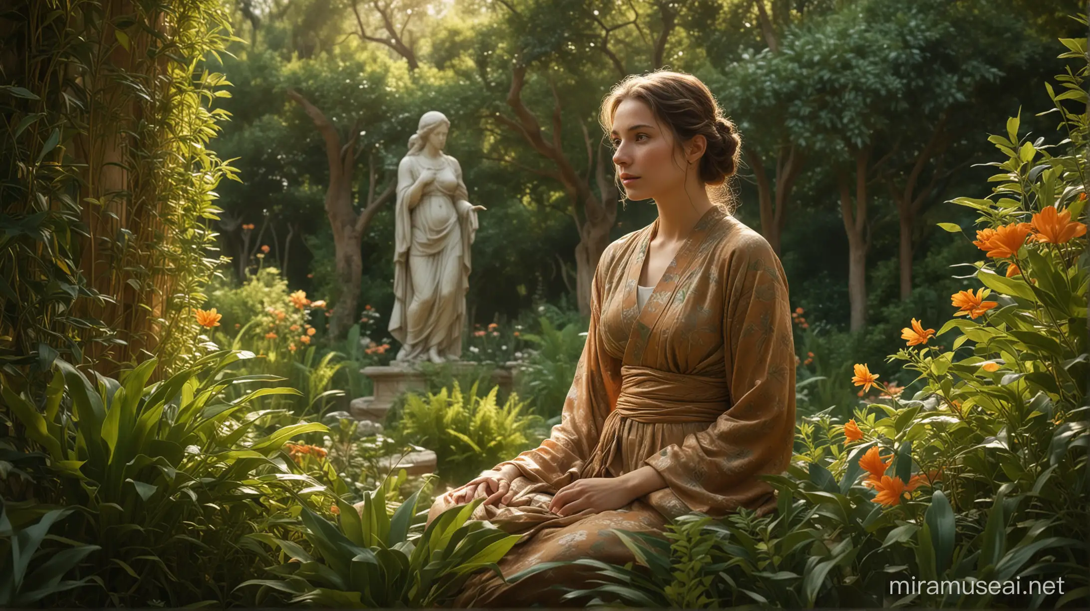 A female stoic philosopher is depicted with meticulous attention to detail, showcasing lifelike skin textures and a smiley, contemplating  expression. The scene unfolds in a lush garden just outside Rome, serving as a natural and serene classroom. The rich greenery and well-manicured surroundings, in a color painting style.  The setting features a vibrant garden with a variety of plants and trees, providing a picturesque backdrop for her discourse. Soft sunlight filters through the foliage, casting warm hues on the characters and creating a harmonious atmosphere. The image is rendered in a realistic color painting style, emphasizing the details of her  face, attire, rich earth tones and muted hues create a classic and timeless aesthetic. She is dressed in traditional attire, reflecting the historical context of philosophical thinkers. Her attire is  flowing robes.