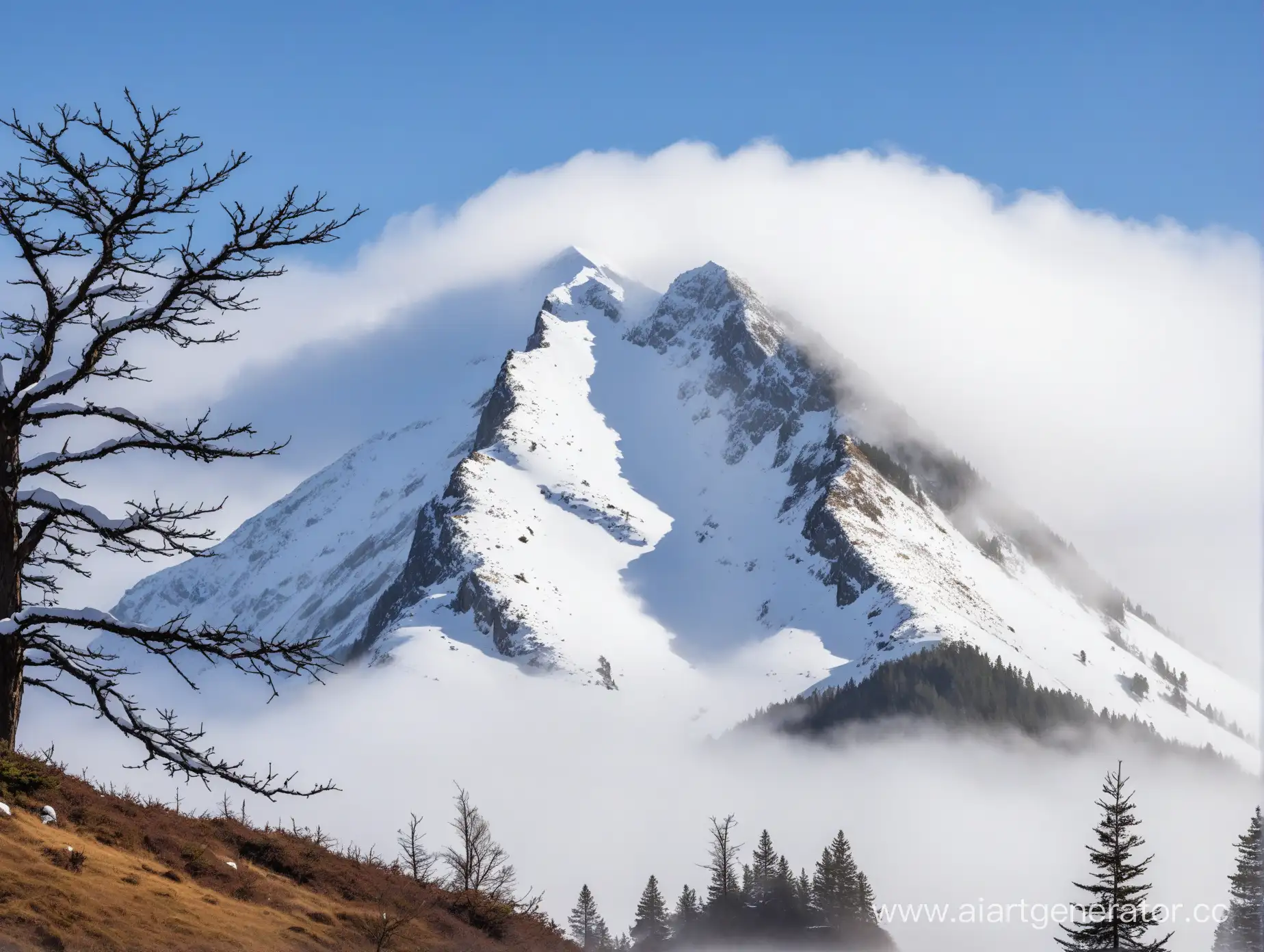 гора с заснеженным верхом, вокруг туман, на переднем плане земля и дерево
