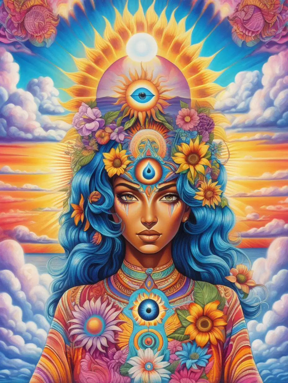Psychedelic colors and patterns, flowers, sun, clouds, bright, vibrant colors with an exotic woman with the all seeing third eye up front 