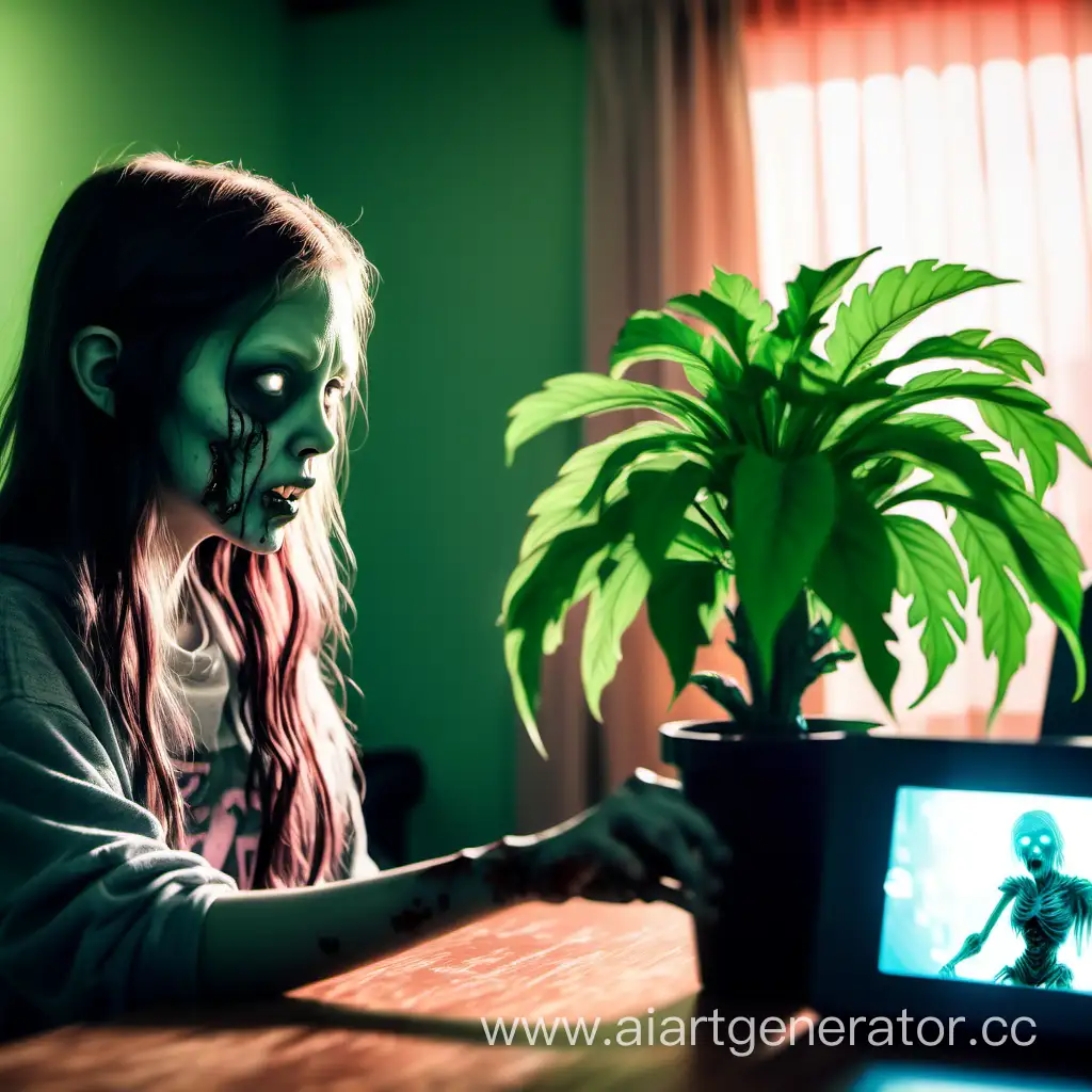 зомби-растение незаметно подкрадывается сзади к девушке, которая играет в видео игру за столом