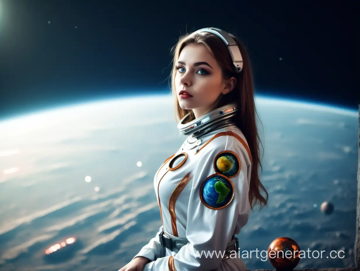 девушка 20-25 лет в костюме, планета, космический корабль, горизонт, взгляд вдаль 