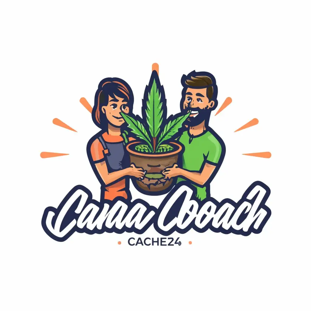 a logo design,with the text "Canna
Coach24", main symbol:Please add a couple who is holding a juicy cannabis plant in its flower with thick, sticky buds in a clay pot.,complex,clear background