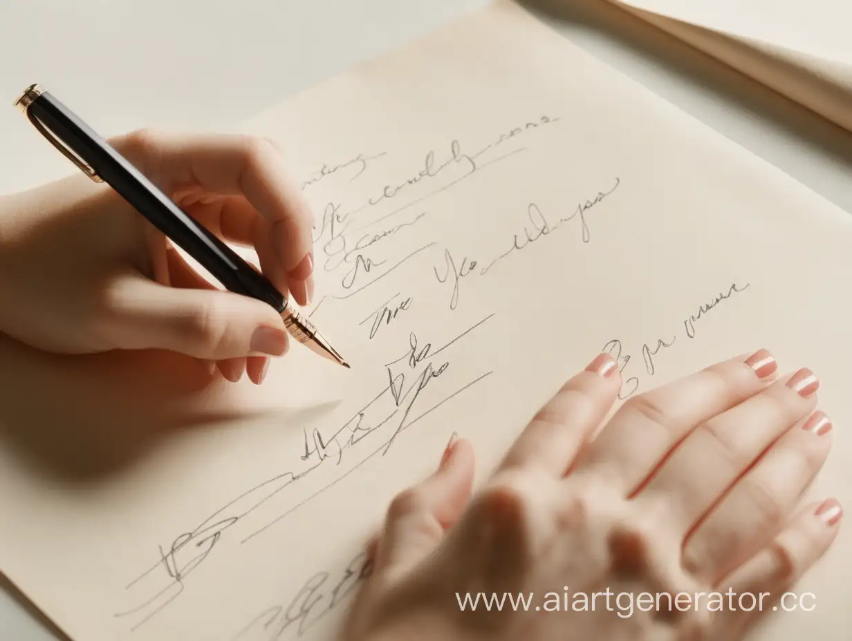 women's hands on paper, the right hand writes with a pen, the left lies next to it