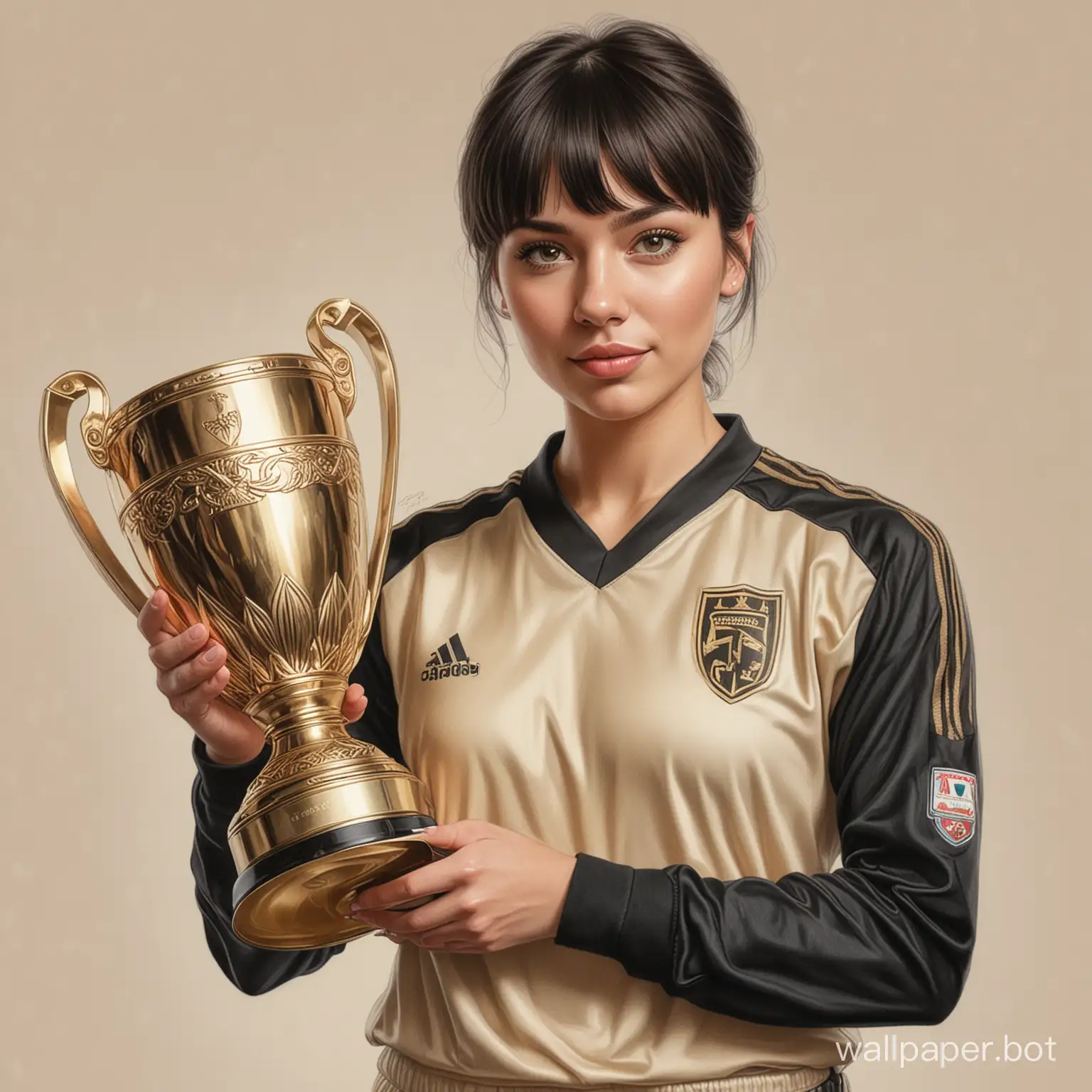 Sketch of Alina Lanina, 25 years old, dark short hair with bangs, cup size 7, narrow waist, in beige-black soccer uniform, holding a large Champions Cup on a white background, very realistic drawing with colored pencil.