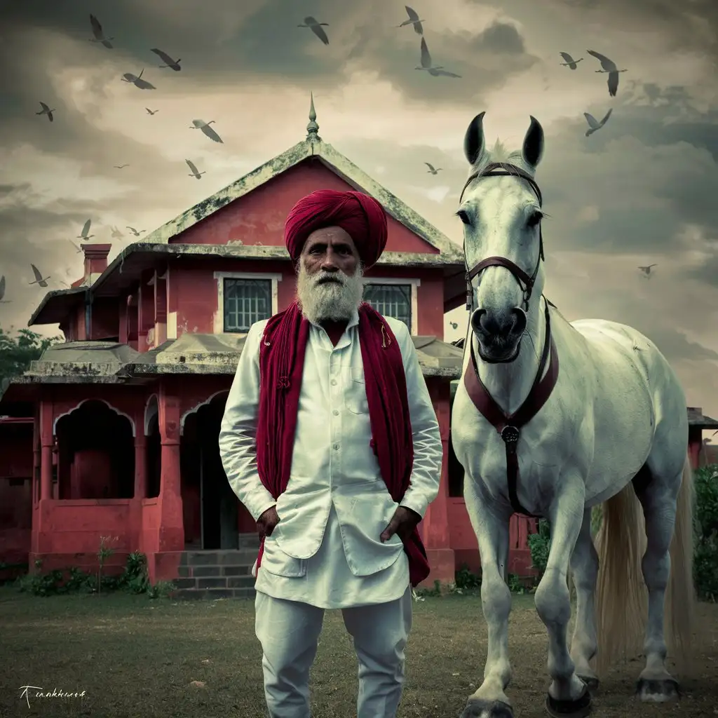 80 years old rabari red turban with beard white clothing rajasthan hands in his pocket is standing before    a old red rajasthan house total full body with a white horse  side view cloudy sky with birds foto realistisch  