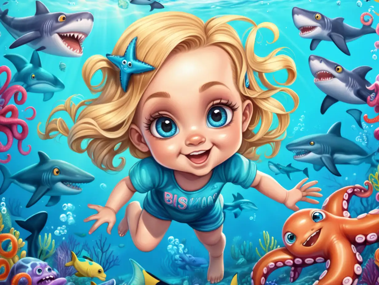 happy cartoon baby girl with big blue eyes and blonde hair, underwater with an colorful octopus & sharks, vibrant colors