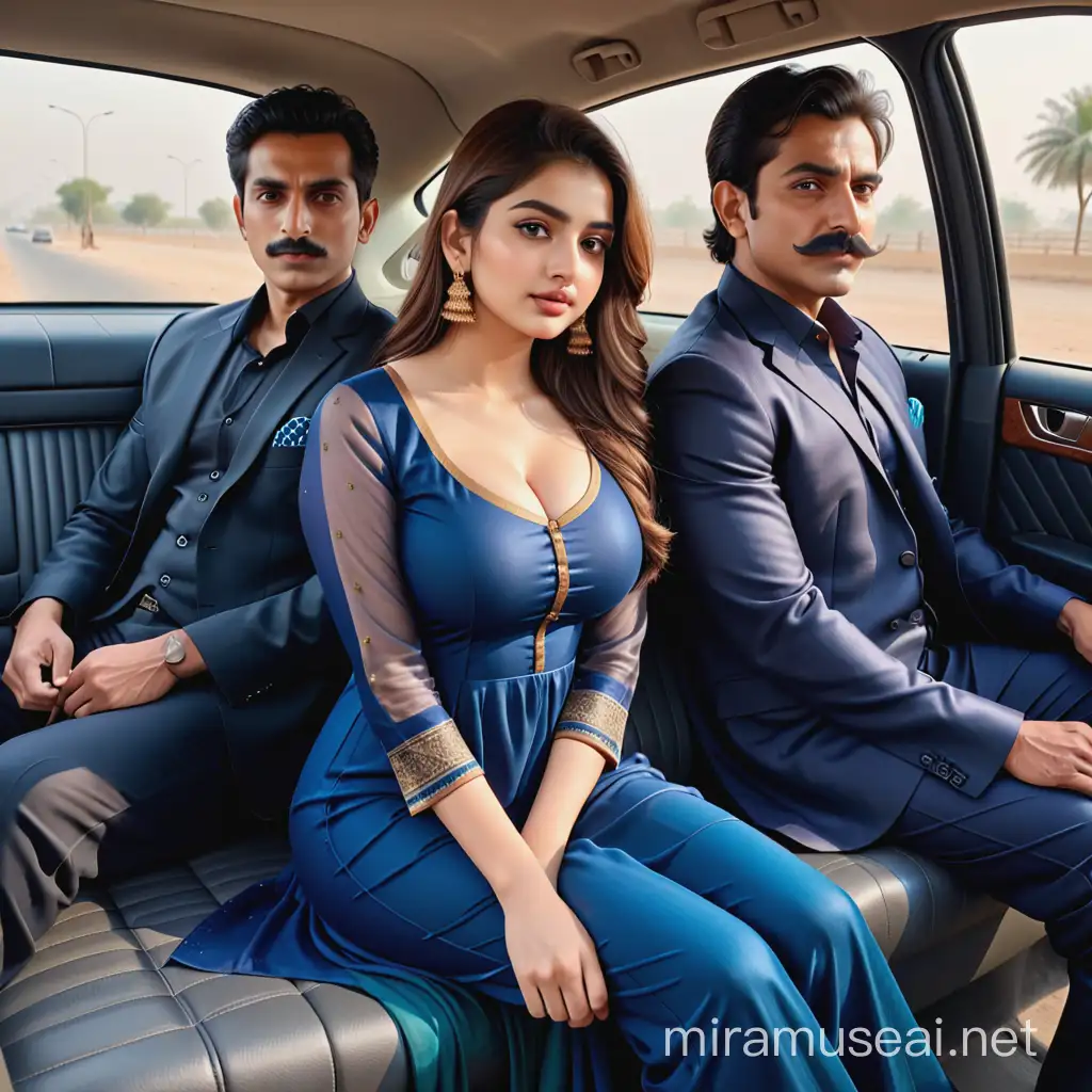 
A 4k, Hyper-Realistic, Full HD Image of a Tall, Teenage, Pakistani, Beautiful, Curvy, Busty, Hot, Sexy, Seductive, Model wearing Dark Blue Salwar and Dark Blue Kurta sitting in between Two Old Muscular Men with heavy Moustache on the back seat of a Car