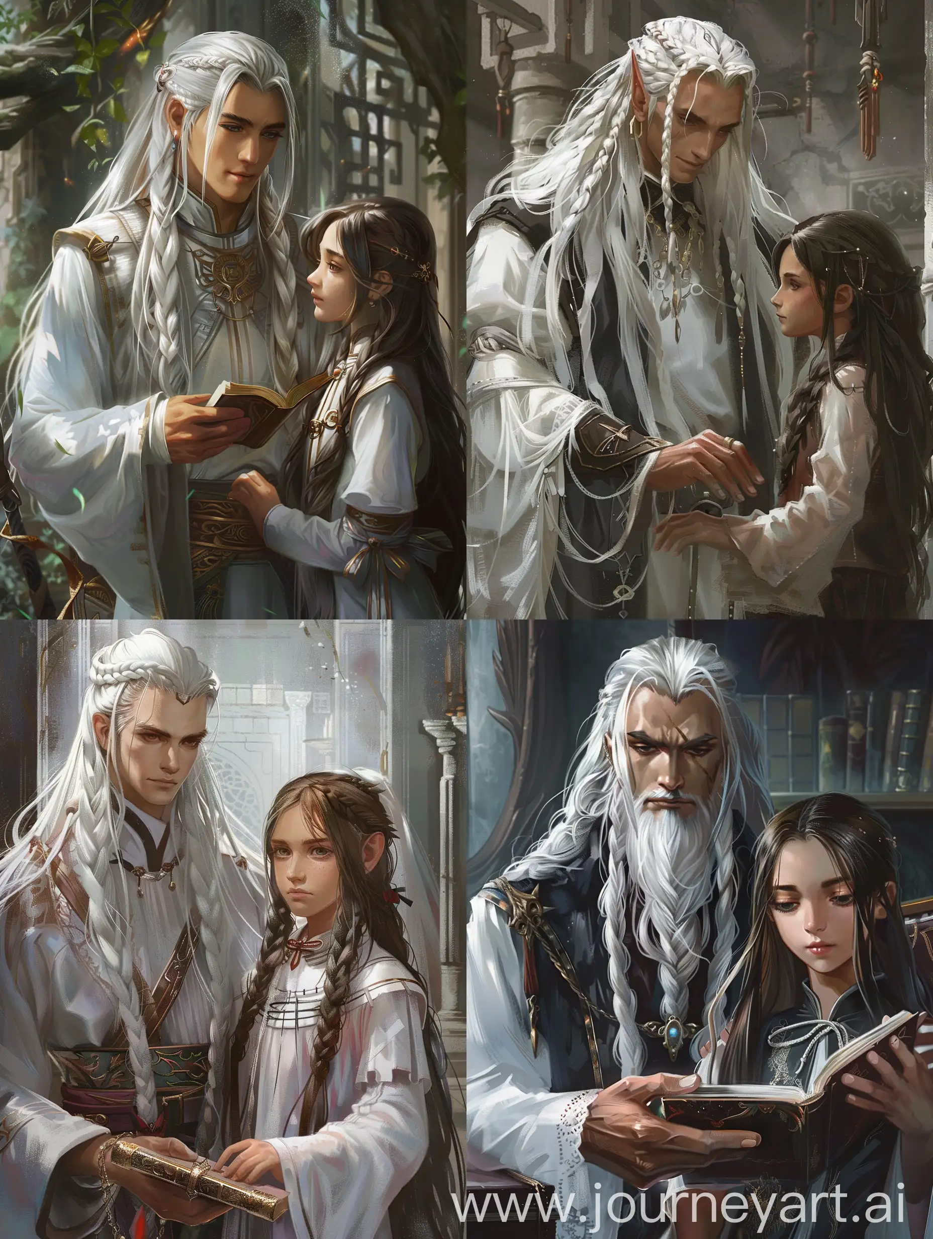Fantasy, male rector with white long braided hair, and brunette girl, magic academy
