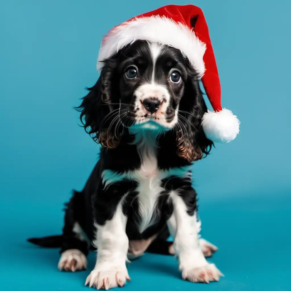 a cute spaniel cocker bay puppy with a santa hat
