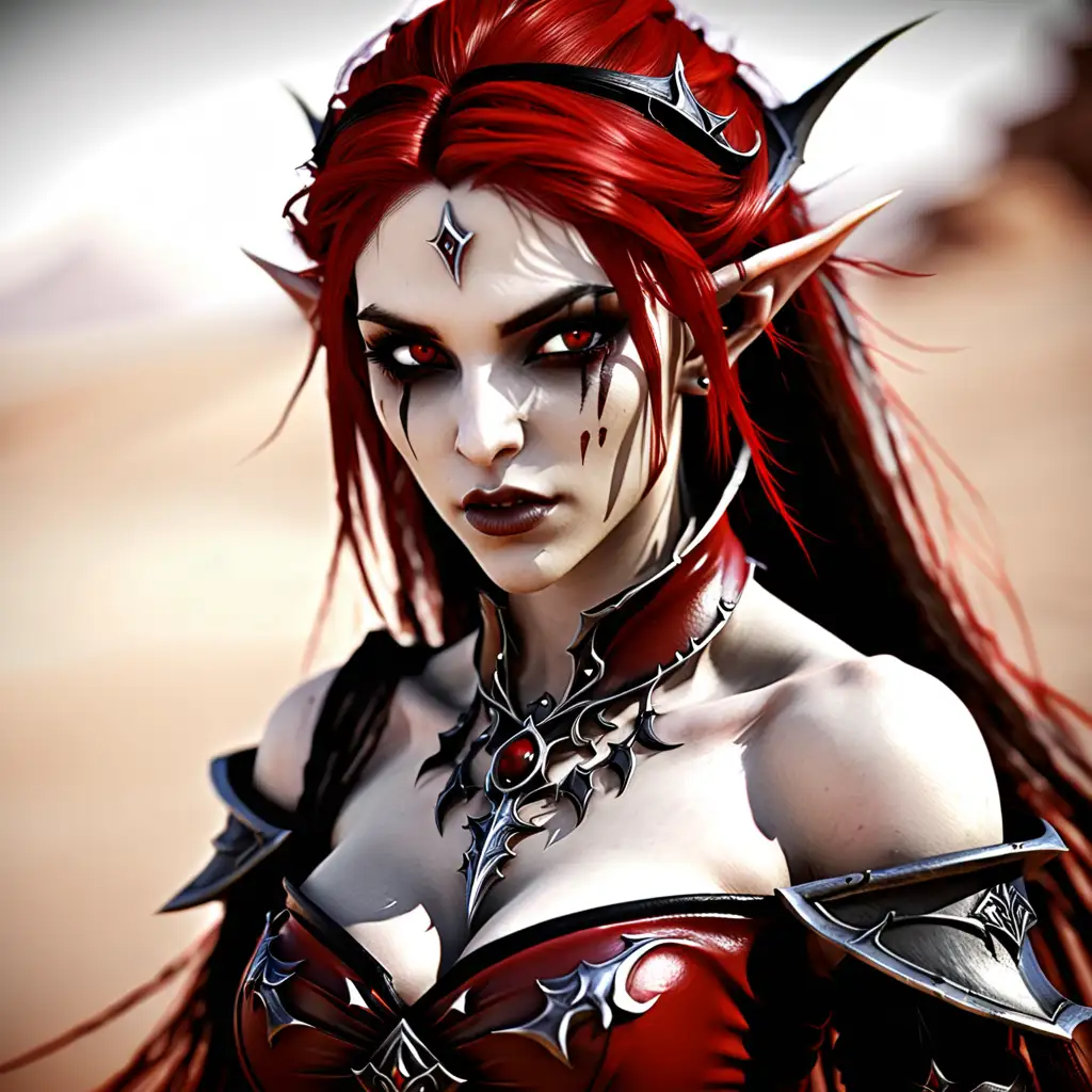 Elegant Blood Elf Female Vampire with Pale Gray Skin and Blood Red Hair in Desert Attire
