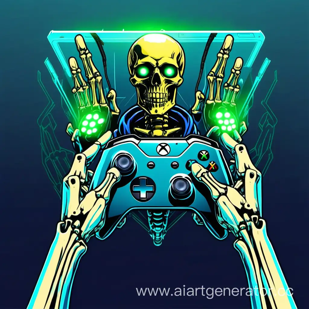 рука скелета держит геймпад от xbox one
изображение в стиле игры Cyberpunk 2077