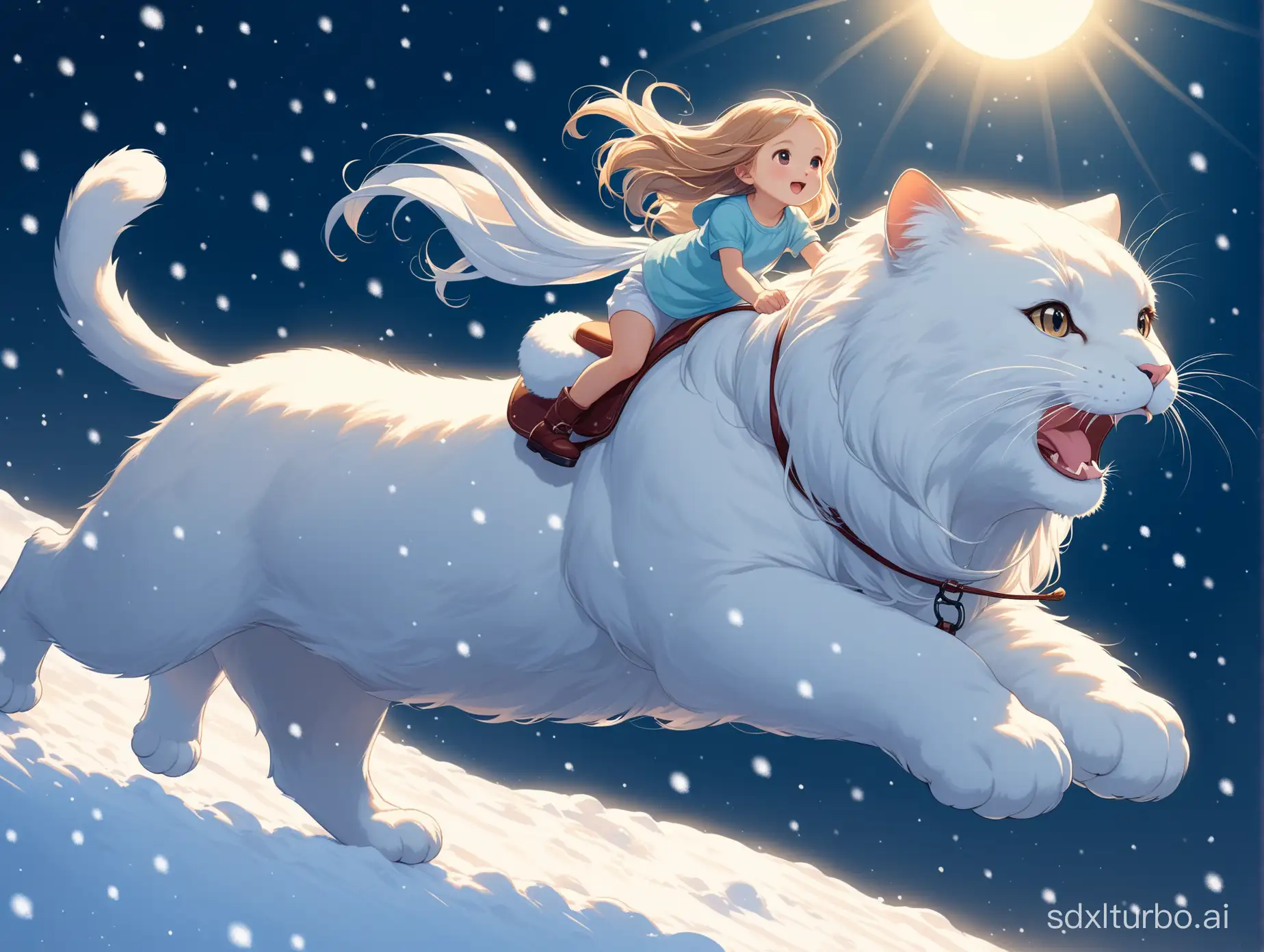 A cute little girl rides a huge snow-white long-haired big cat, the cat is below, flying against the light.