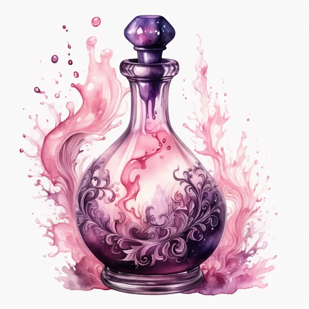 fantasy fuming potion with pale pink liquid in decorative bottle, dark watercolor drawing, no background