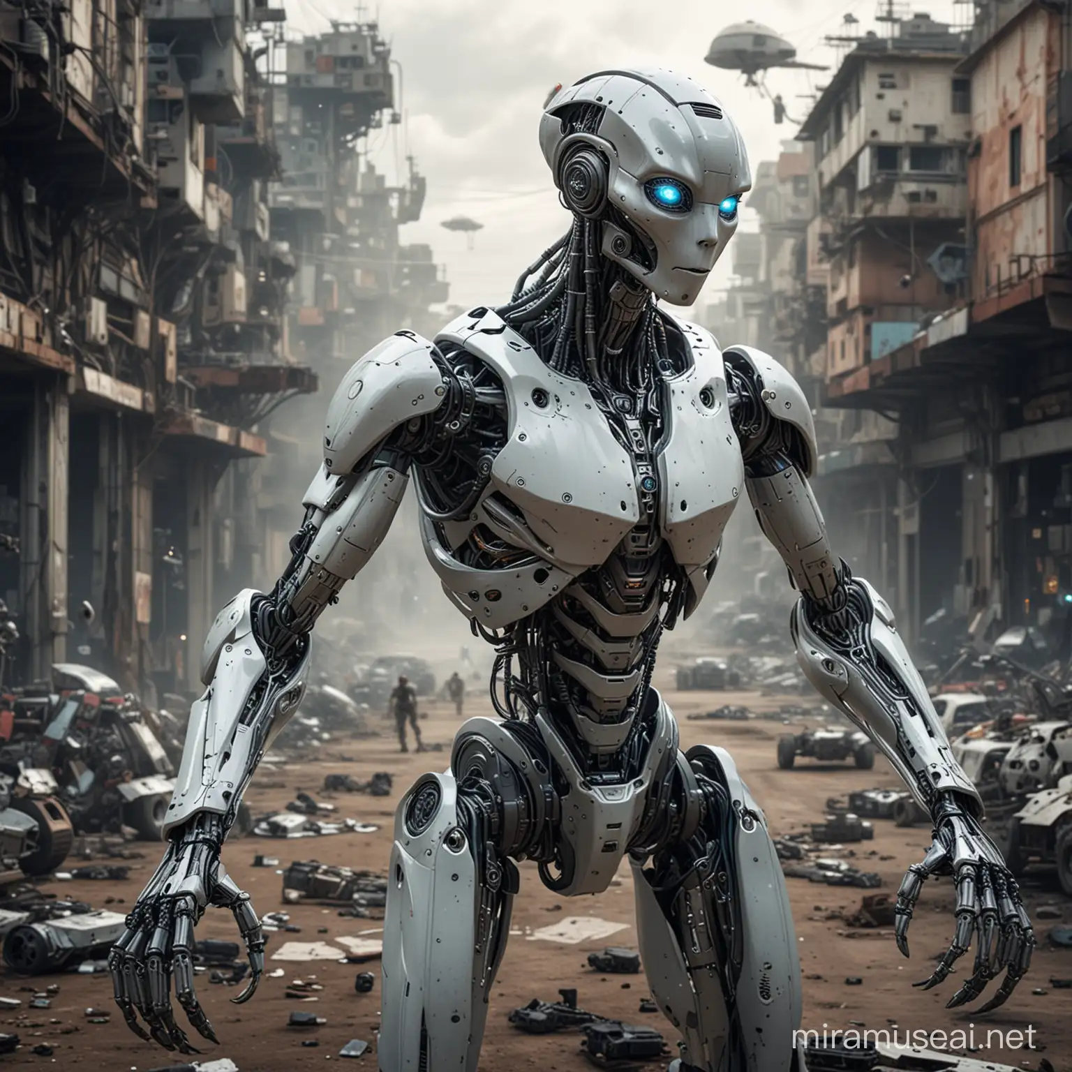 mezcla de un robot con un alien apoderandose del mundo y siendo mas presente en un futuro con la inteligencia artificial