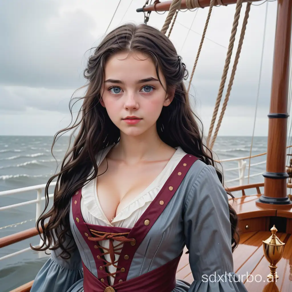 (18 year old girl, with long dark wet hair and grey eyes) (18th century dress with a v-neck) nautical theme, rainy weather, (a sailing ship on the horizon) holding a sabre
