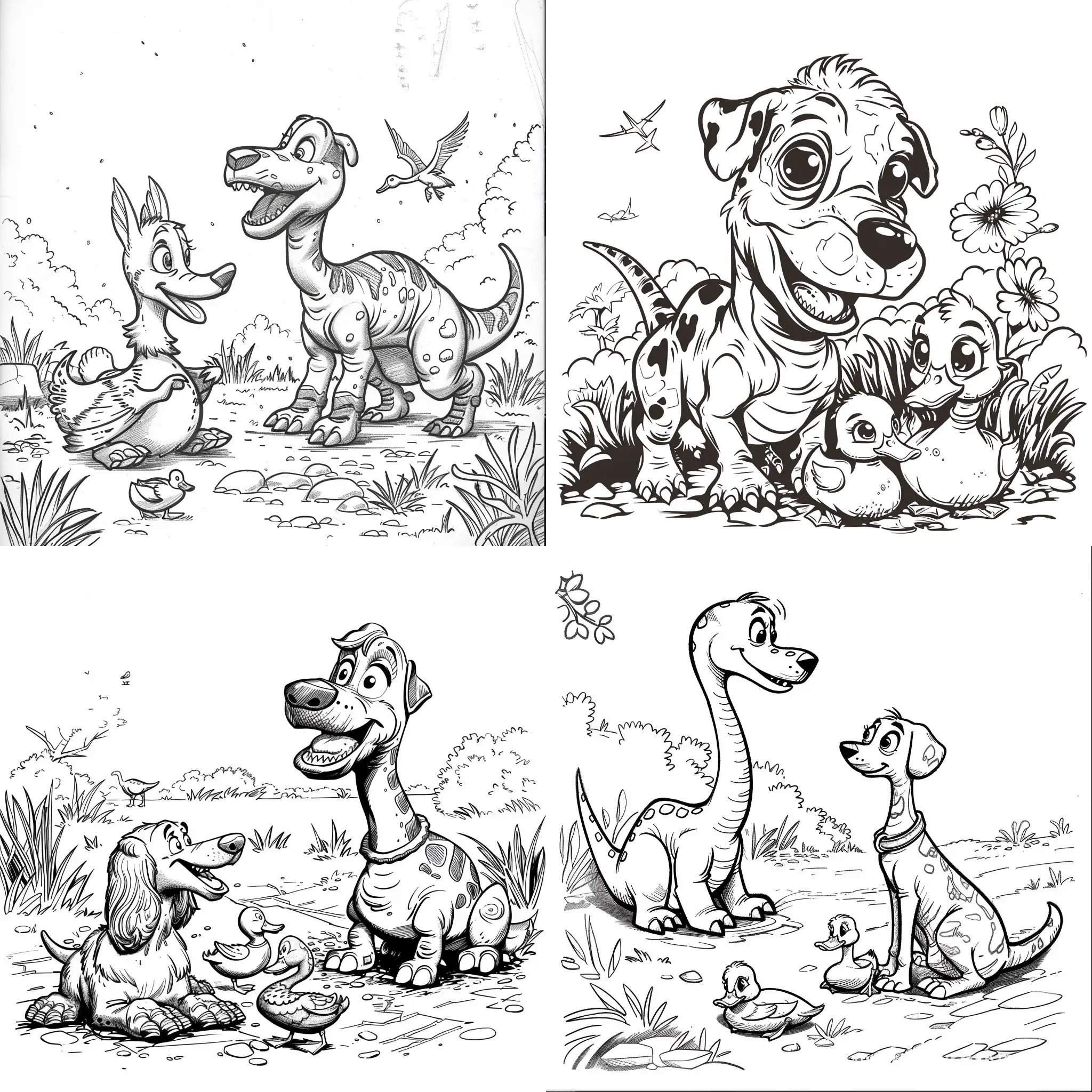 Dinosaur, dog and duck coloring page --v 6 --ar 1:1 --no 92933