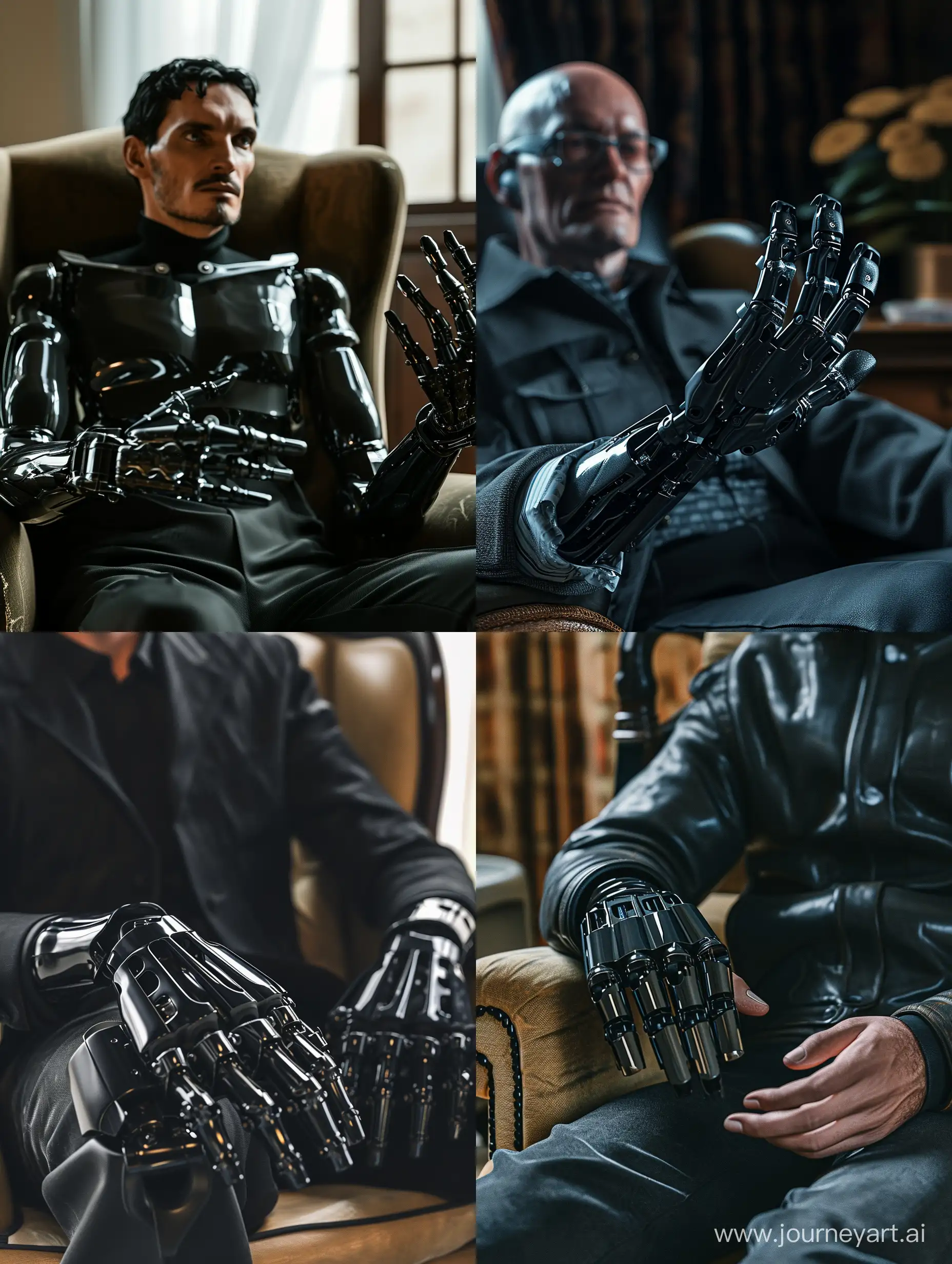 ultra-realistic and photorealistic, man sitting in an armchair showing one of his hands, shiny black mechanical prosthesis, modern style, ultra-realistic photography, high-tech, digital, masterpiece, 32k UHD resolution, high quality, professional photography

