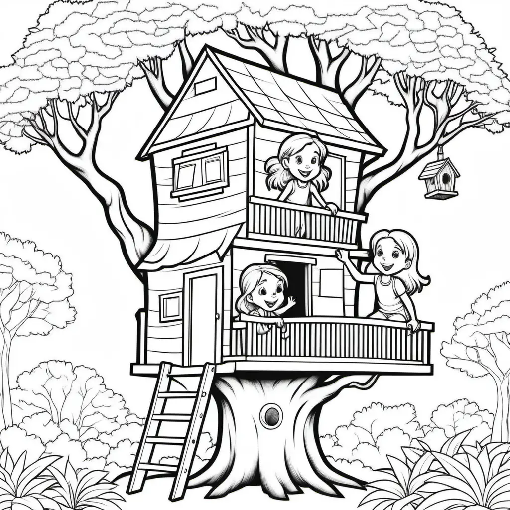 Sisters Playing in Tree House Coloring Book