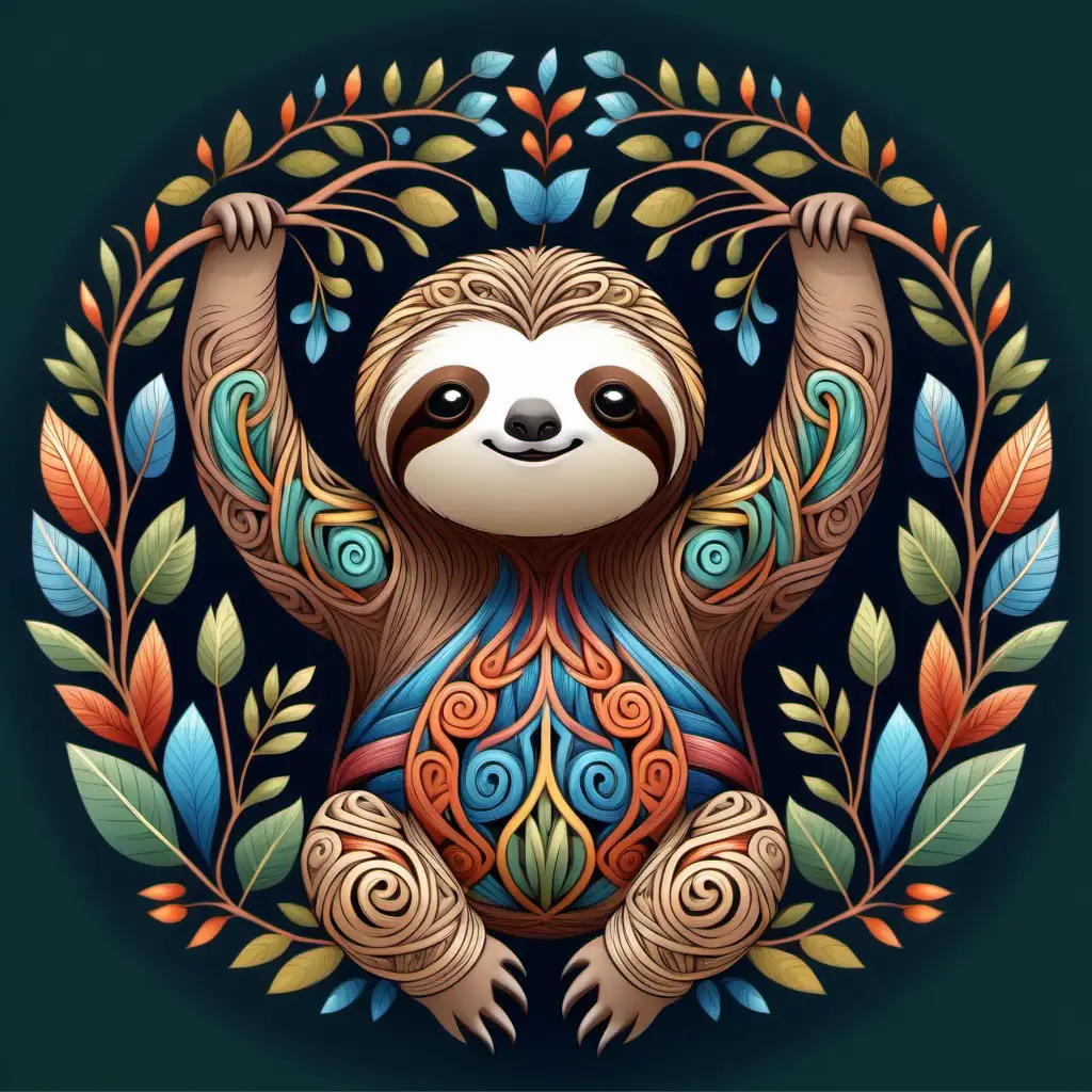 colorful folk art illustration of a sloth, zen tangle style, no background