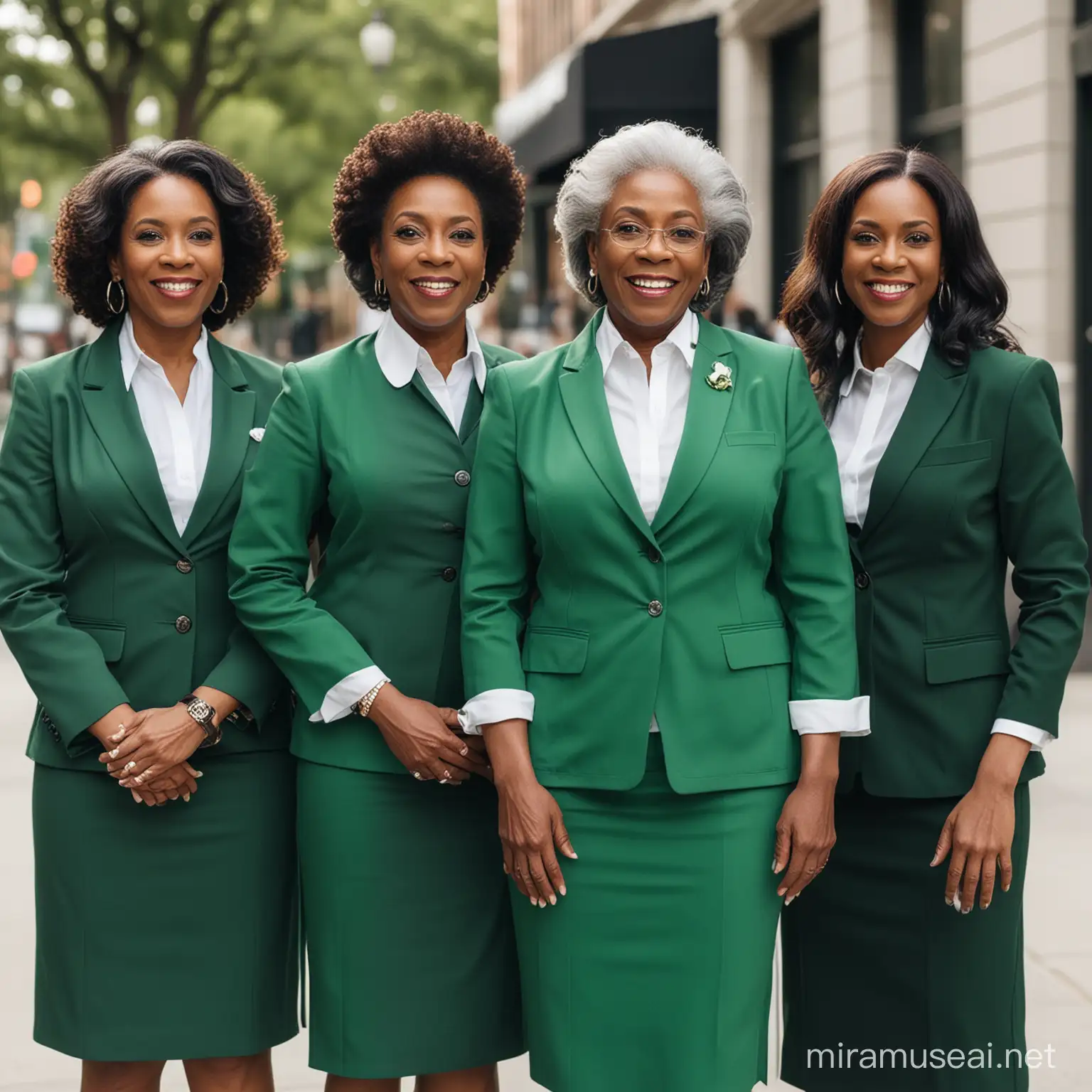 Elegant Senior African American Women in Emerald Green and White Business Attire