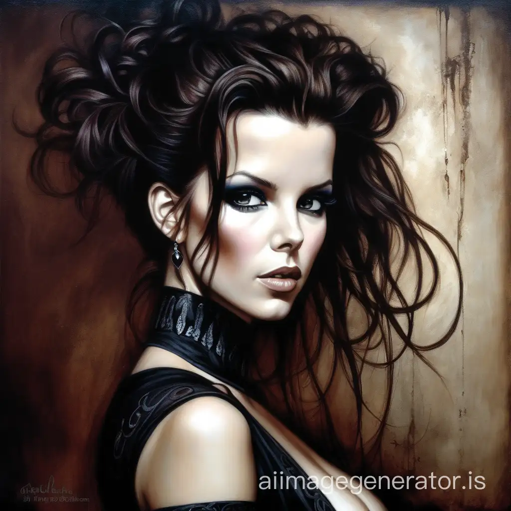 Imagine a gorgeous kate beckinsale in the style of Gerald Brom. masterpiece, best quality, High contrast, colorful, stark, dramatic, detailed background, high quality, by Gerald Brom,