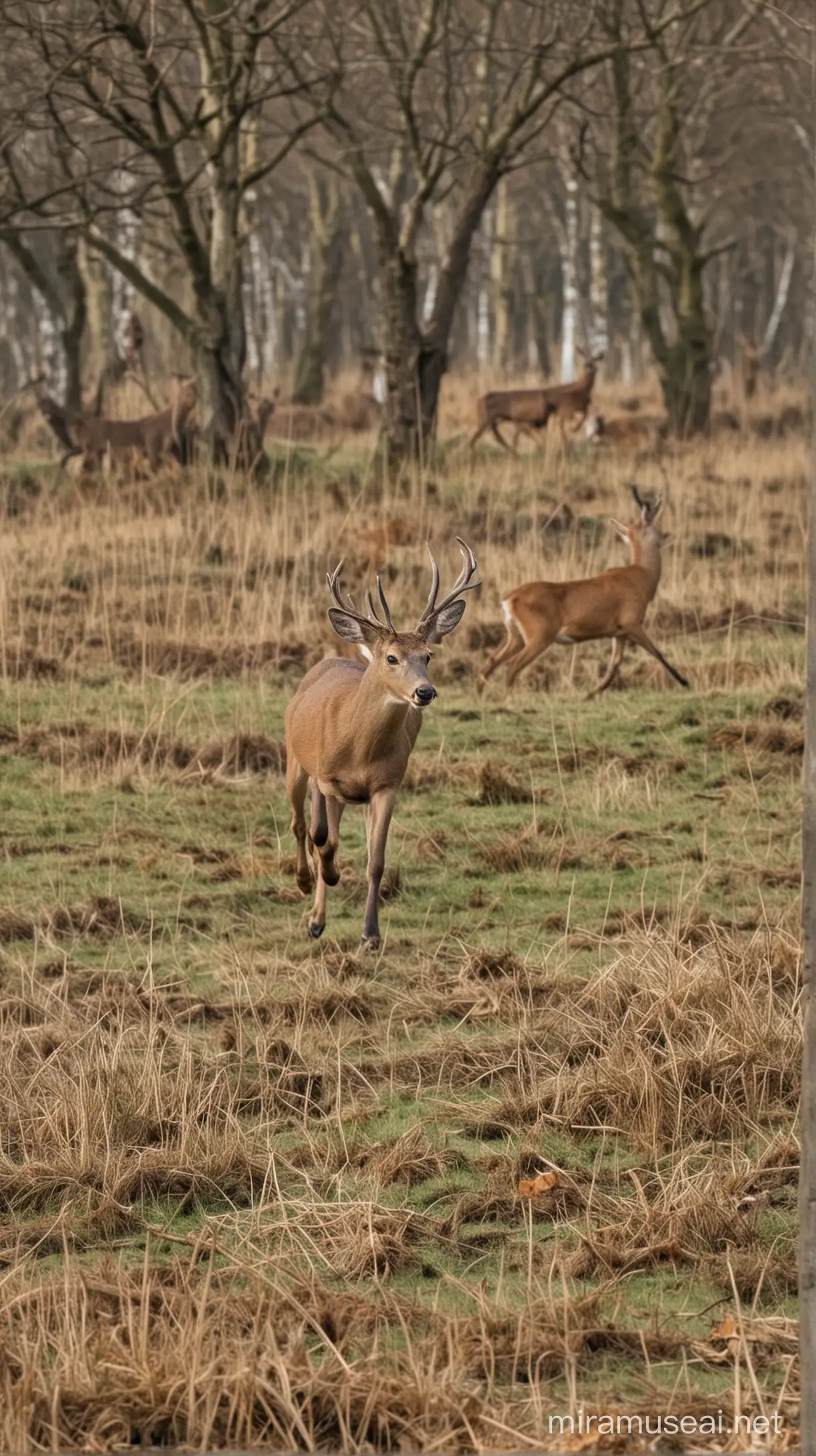 A roe deer runs away from several hunters, a hunter in the background, behind the roe deer