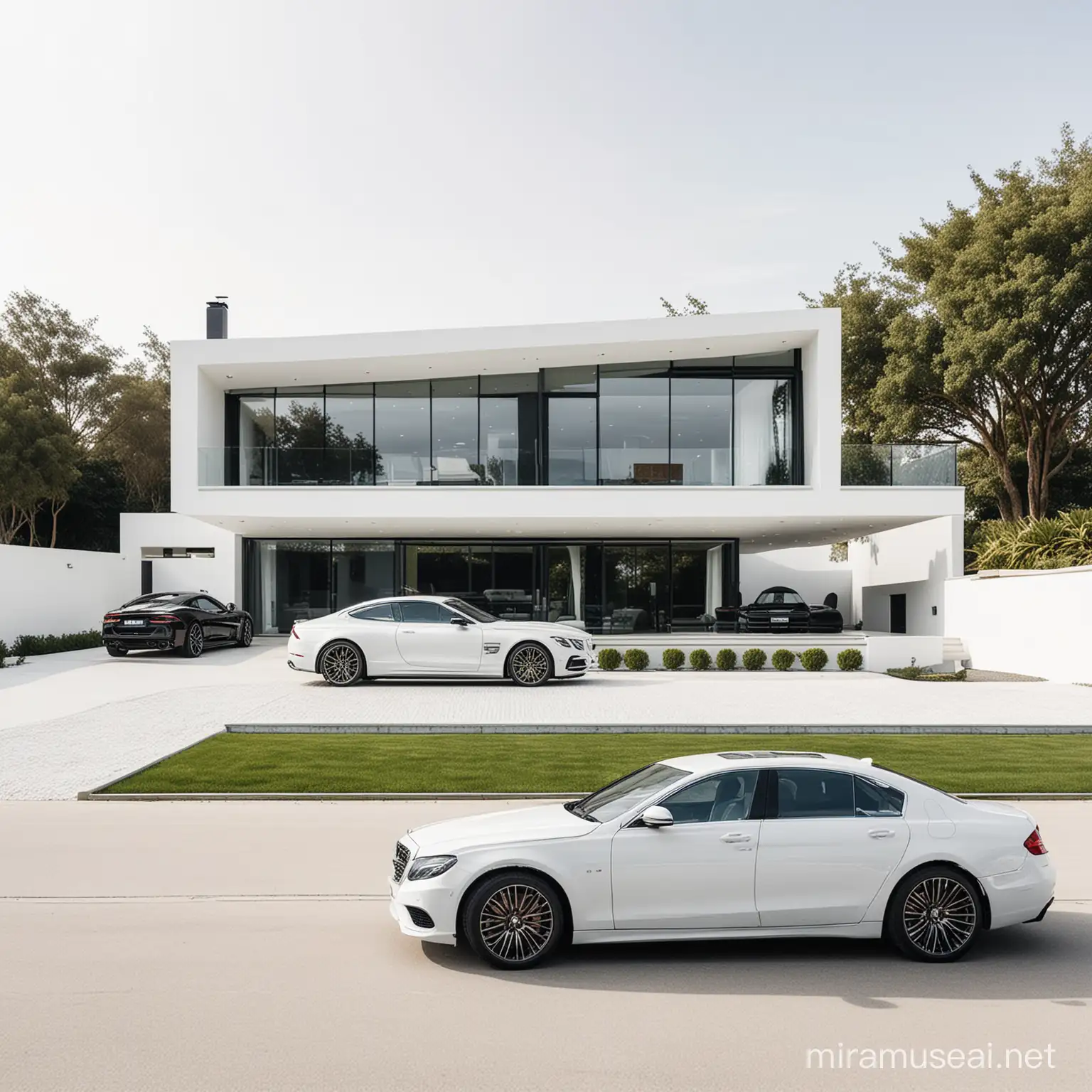 an isolated modern house with a luxury car parked infront of it on a white background