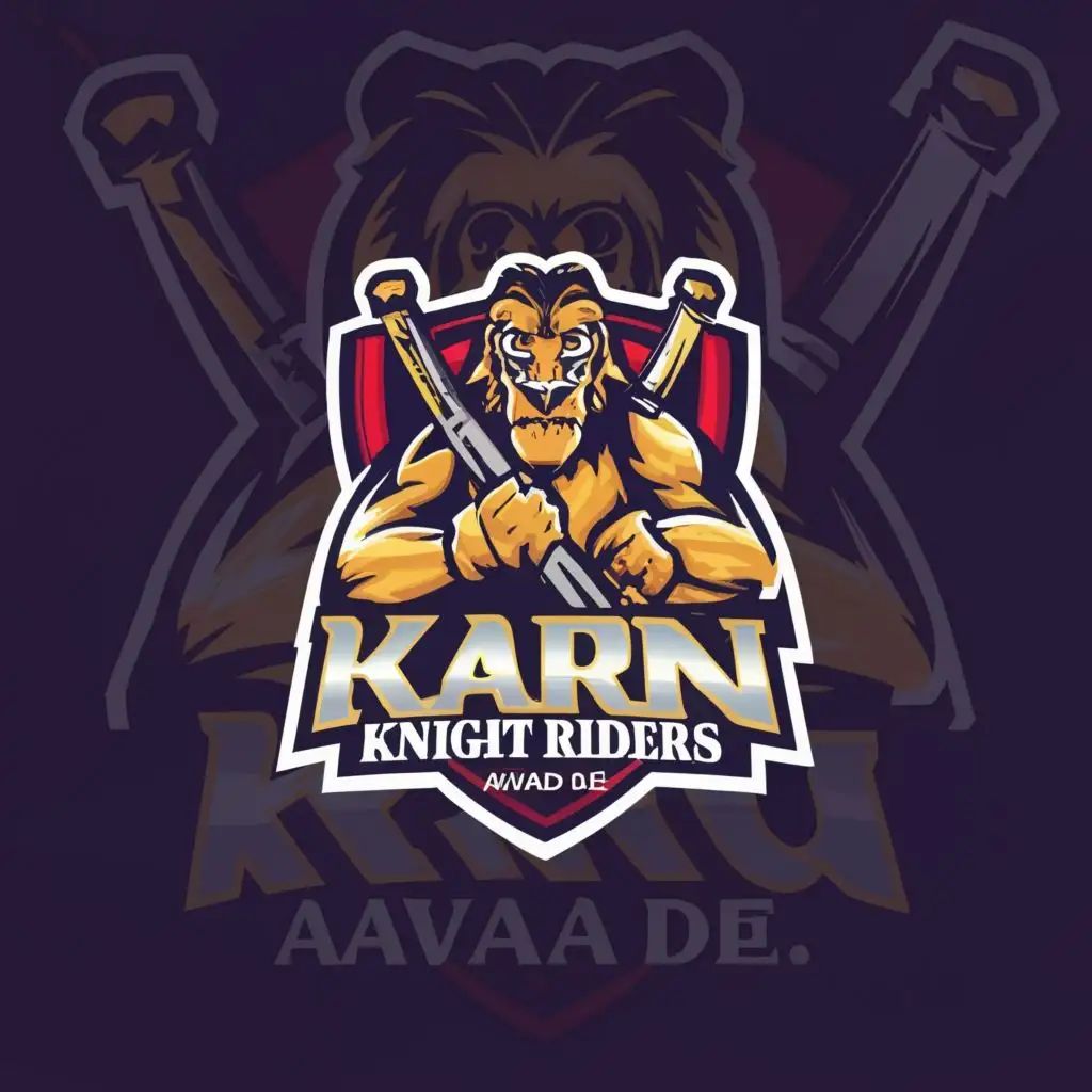 a logo design,with the text "Karn Knight riders
Aava De!", main symbol:A cricket Bat with Indian flag, lion and cannon,complex,be used in Sports Fitness industry,clear background