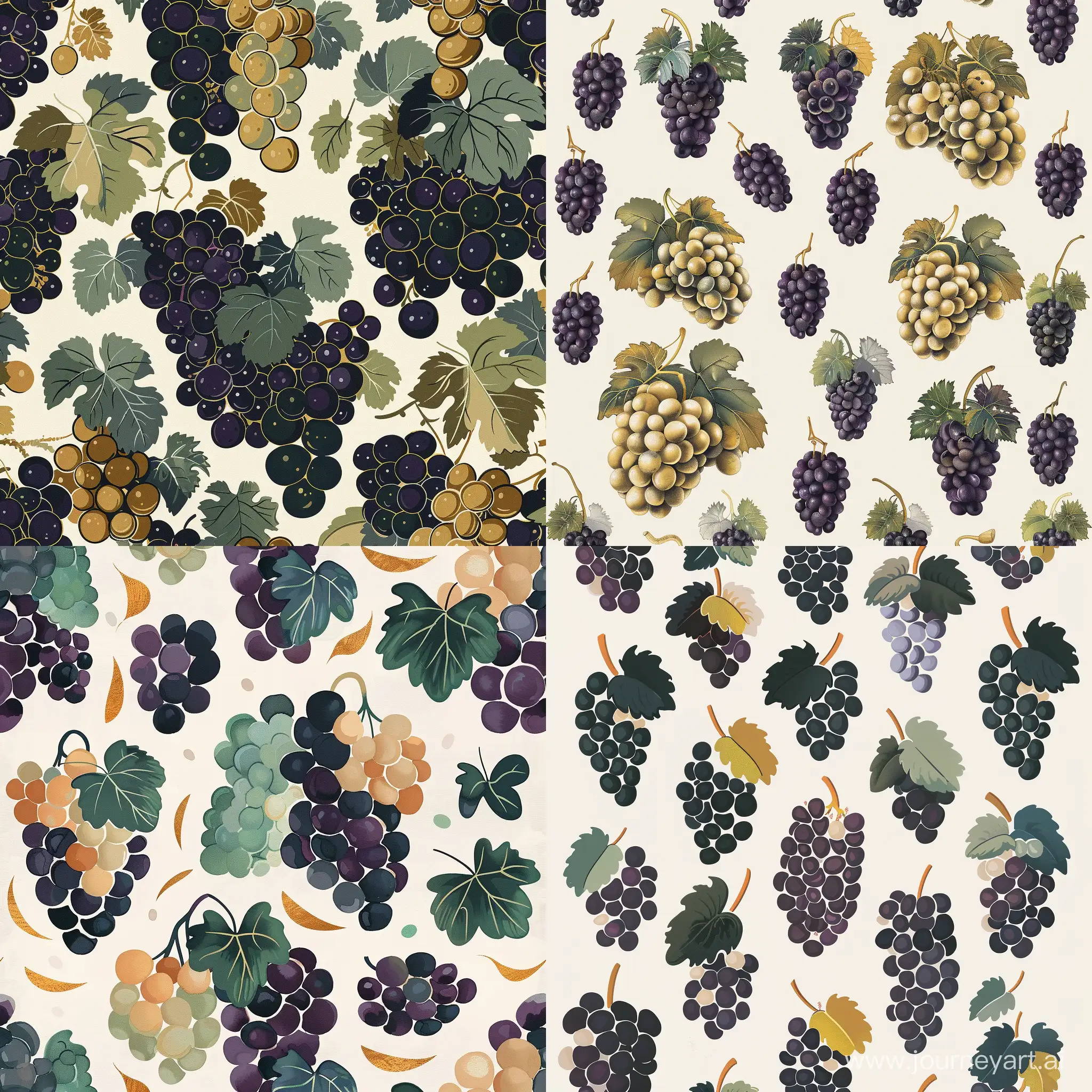 A pattern featuring stylized illustrations of grape clusters in various stages of ripeness, arranged in a repeating motif. This pattern could utilize soft, organic shapes and lush colors like deep purple, green, and gold to evoke the essence of vine-ripened grapes.