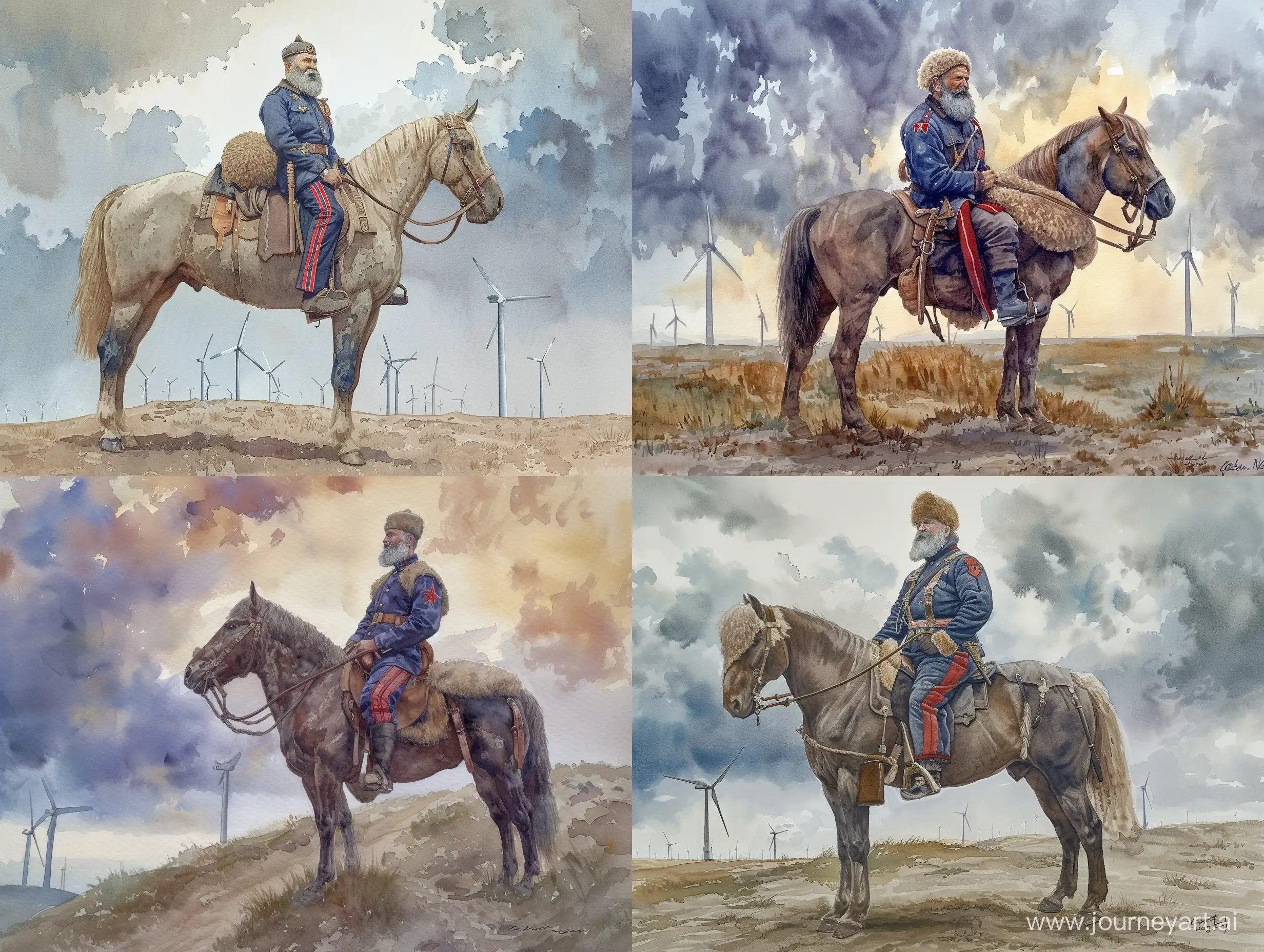 a rider with a gray beard and mustache sits on a horse, in the foreground, the horse stands in profile, the rider is dressed in dark trousers with red stripes, a sheepskin hat, a blue Cossack military uniform, against a cloudy sky and wind turbines, in the background, watercolor, watercolor paper, Victor Ngai style