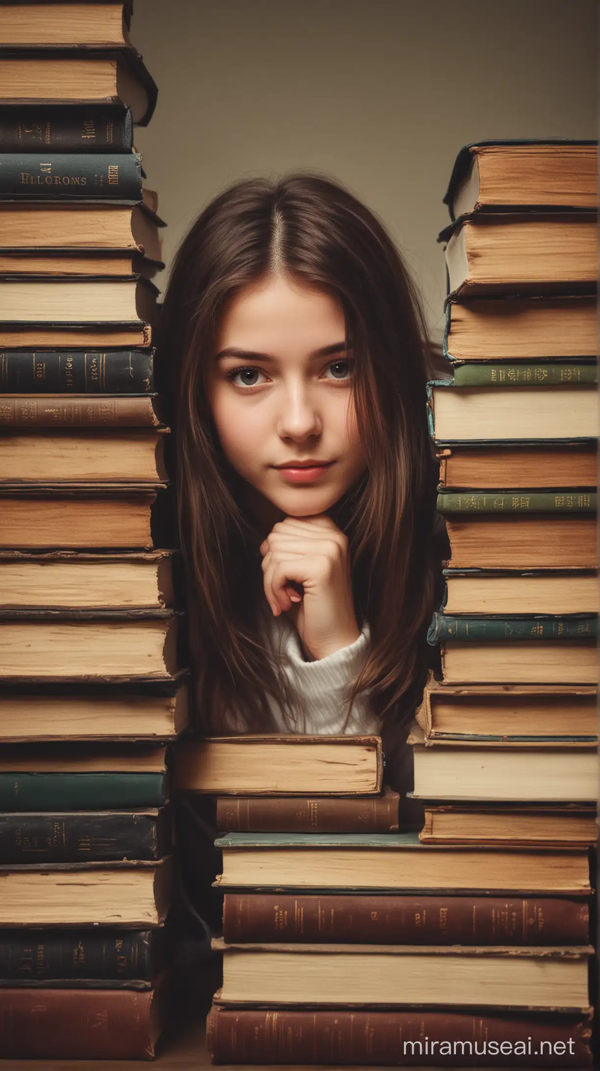 Young Girl Reading Books in a Cozy Library Setting