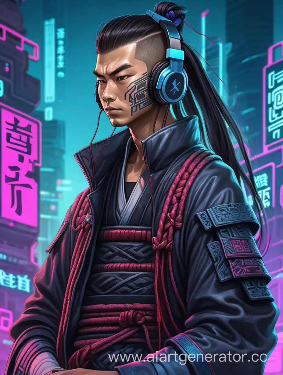 мальчик китайский самурай с длинными волосами, собранными в пучок хакер с наушниками на шее в стиле киберпанк
