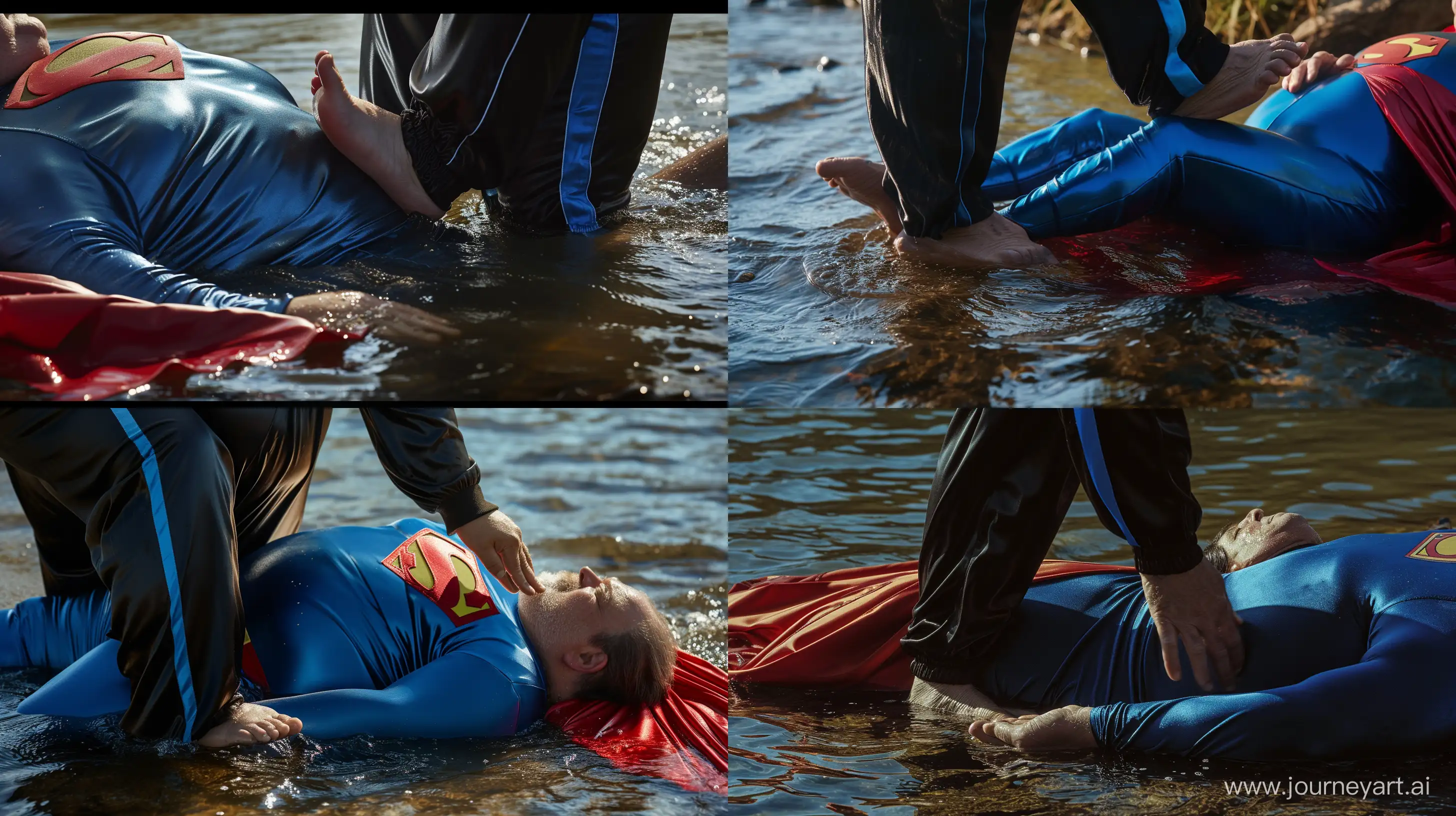 Close-up photo of a fat man aged 60 wearing silk black tracksuit with a blue stripe on the pants. His foot is on the chest of a fat man aged 60 wearing a tight blue 1978 smooth superman costume with a red cape lying in the water. River. Natural Light. --style raw --ar 16:9