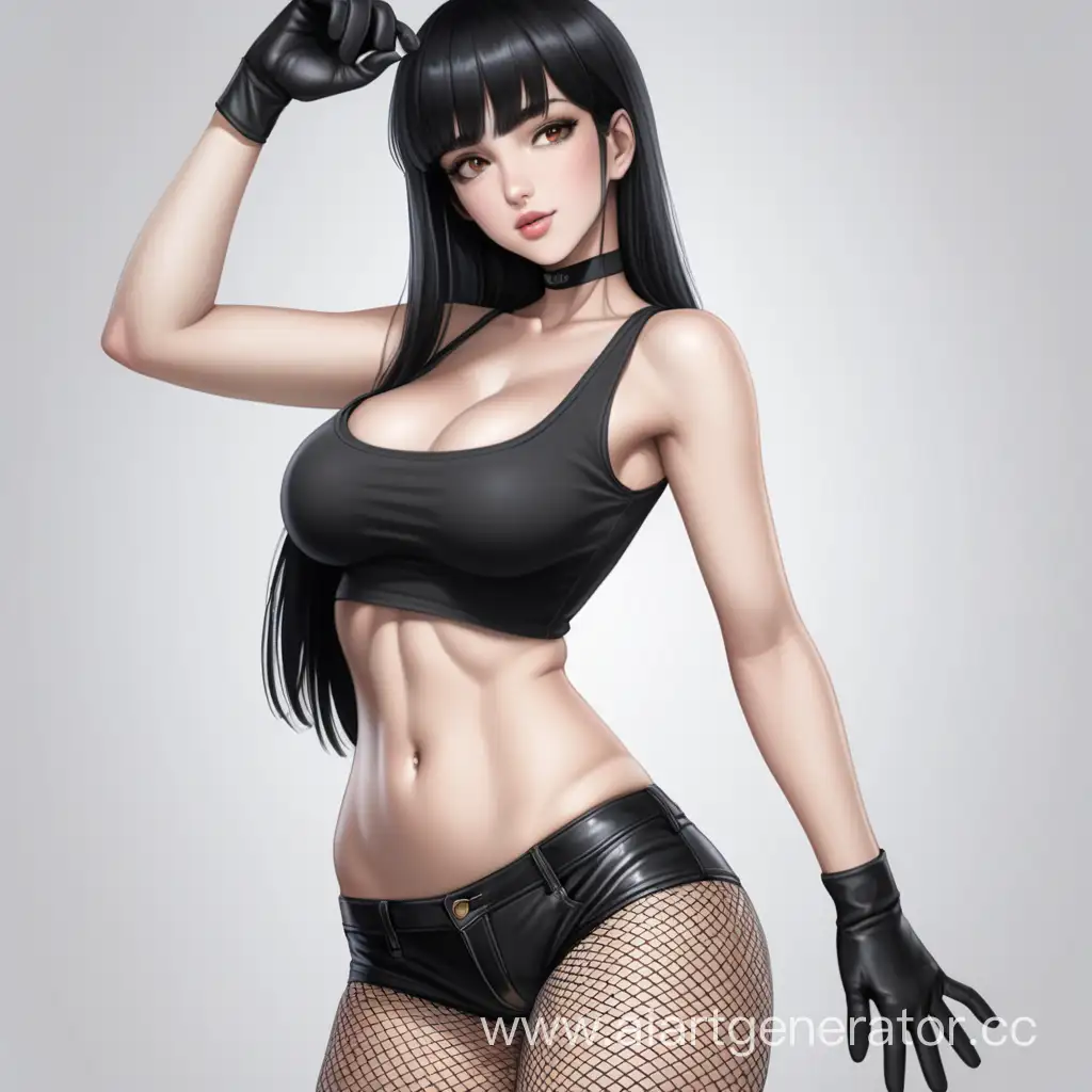 a woman with straight black hair, white skin, slanted brown eyes, slightly big breasts and hips, flat stomach, thin legs, wearing a tight black T-shirt, fishnet stockings, black shorts and boots, she has also black gloves