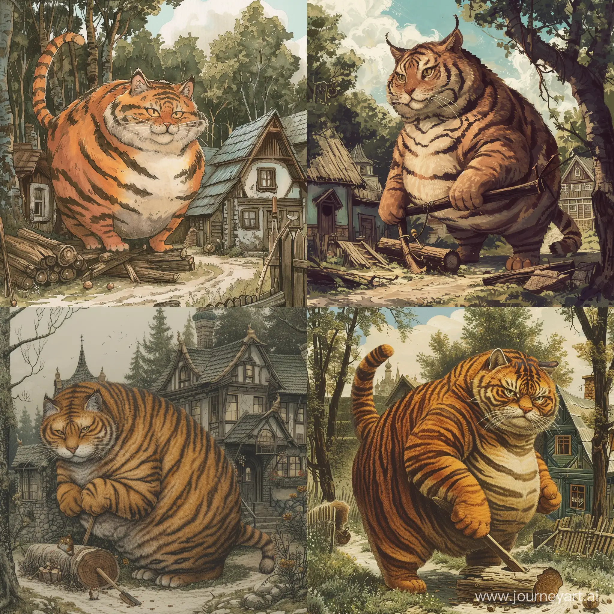 TigerColored-Cat-Chopping-Wood-Near-Village-House