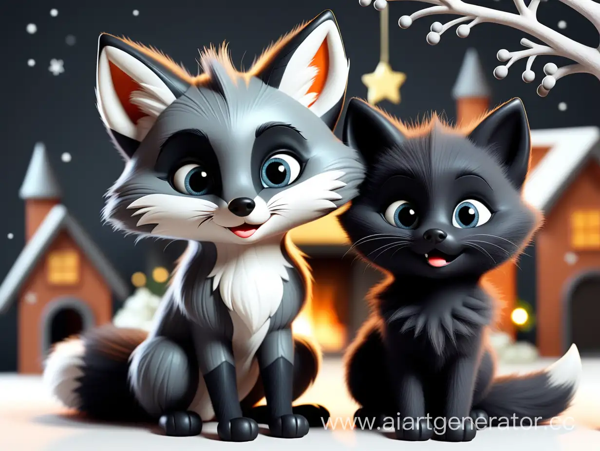 Adorable-New-Years-Greeting-Card-with-Elegant-Black-Fox-and-Cute-Black-Kitten